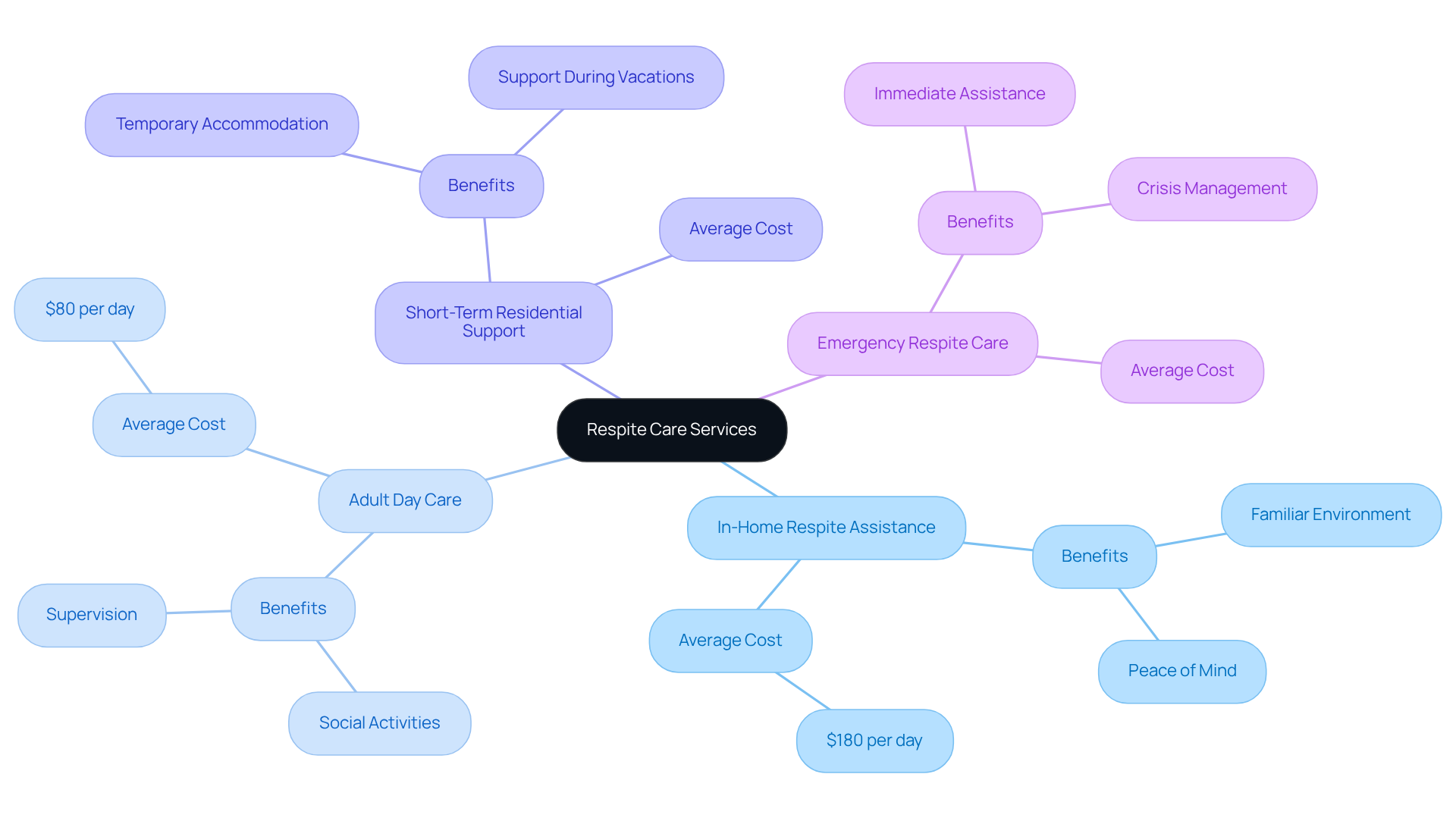 Each branch represents a type of respite care service. Explore each one to see the specific details about its purpose and cost — the colors help differentiate the services.