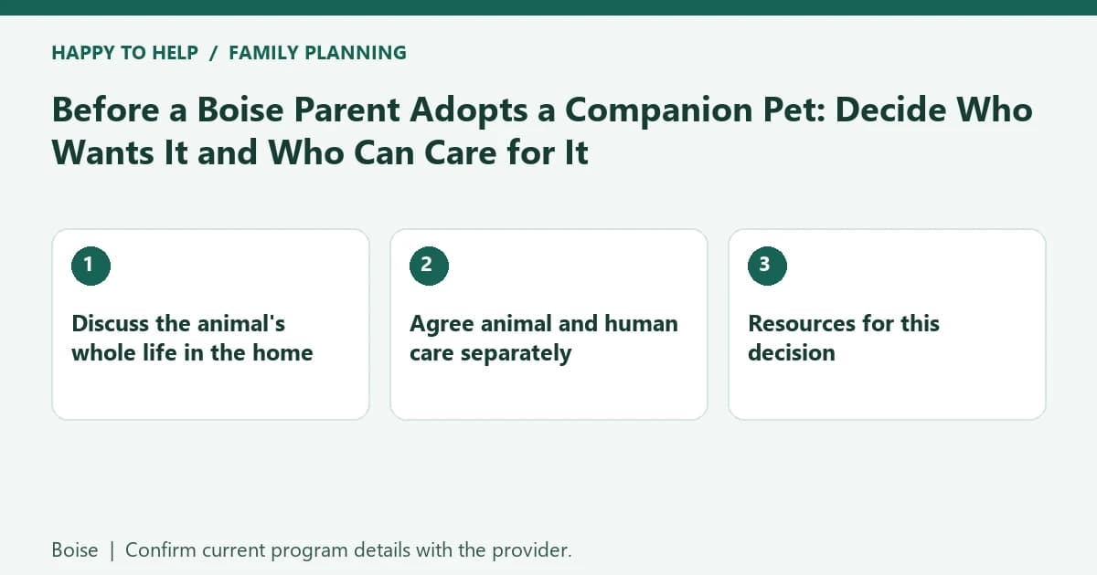 Boise family planning checklist: Discuss the animal's whole life in the home; Agree animal and human care separately; Resources for this decision