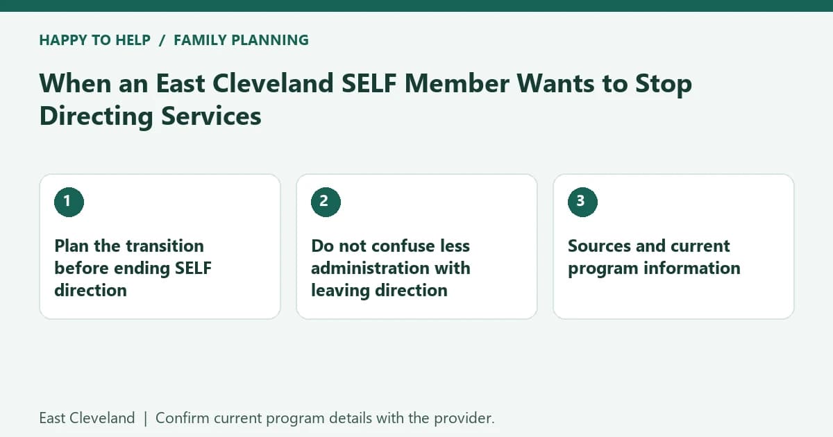 East Cleveland family planning checklist: Plan the transition before ending SELF direction; Do not confuse less administration with leaving direction; Sources and current program information