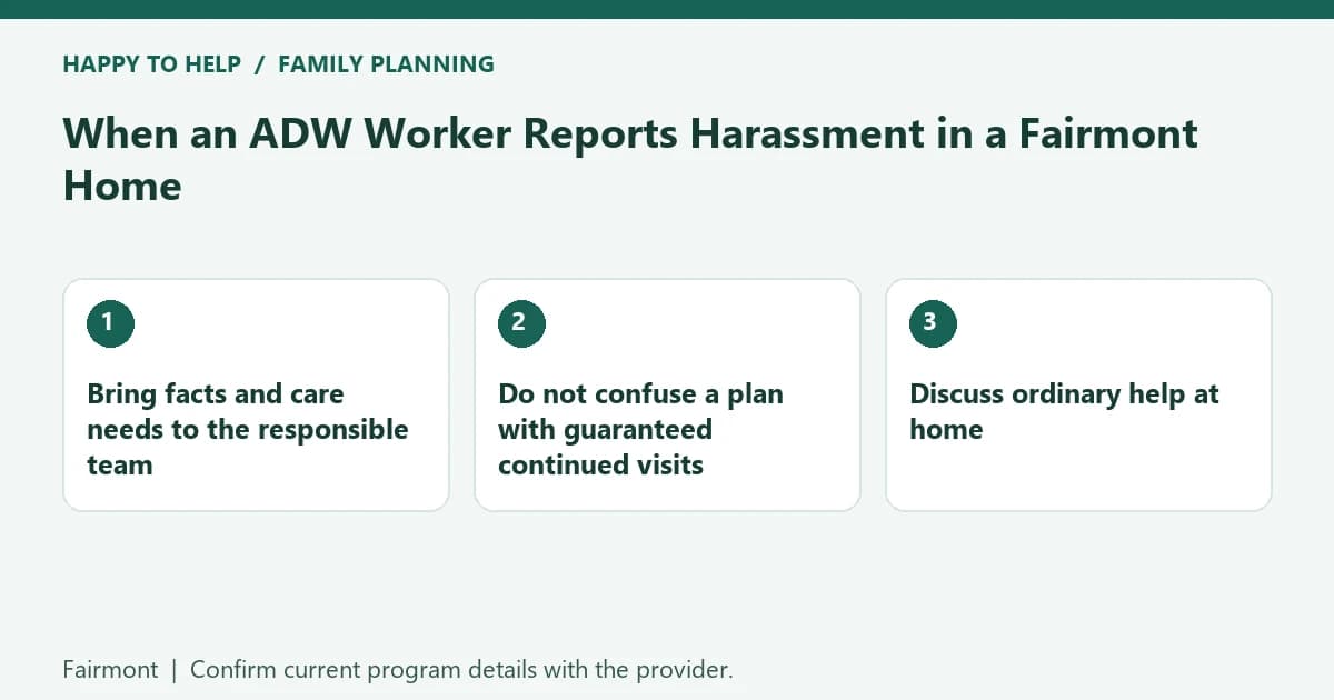 Fairmont family planning checklist: Bring facts and care needs to the responsible team; Do not confuse a plan with guaranteed continued visits; Discuss ordinary help at home