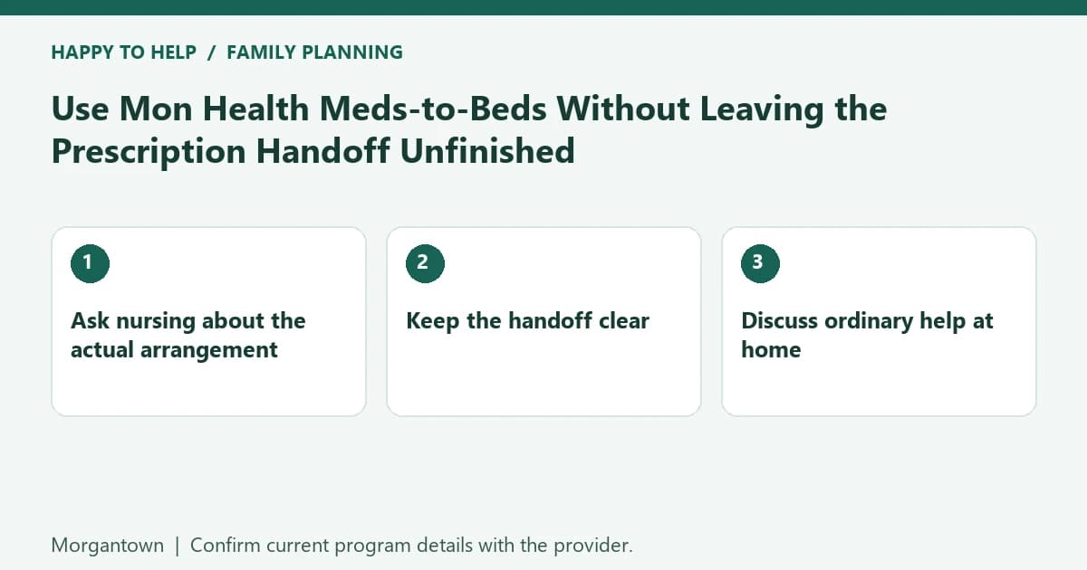 Morgantown family planning checklist: Ask nursing about the actual arrangement; Keep the handoff clear; Discuss ordinary help at home