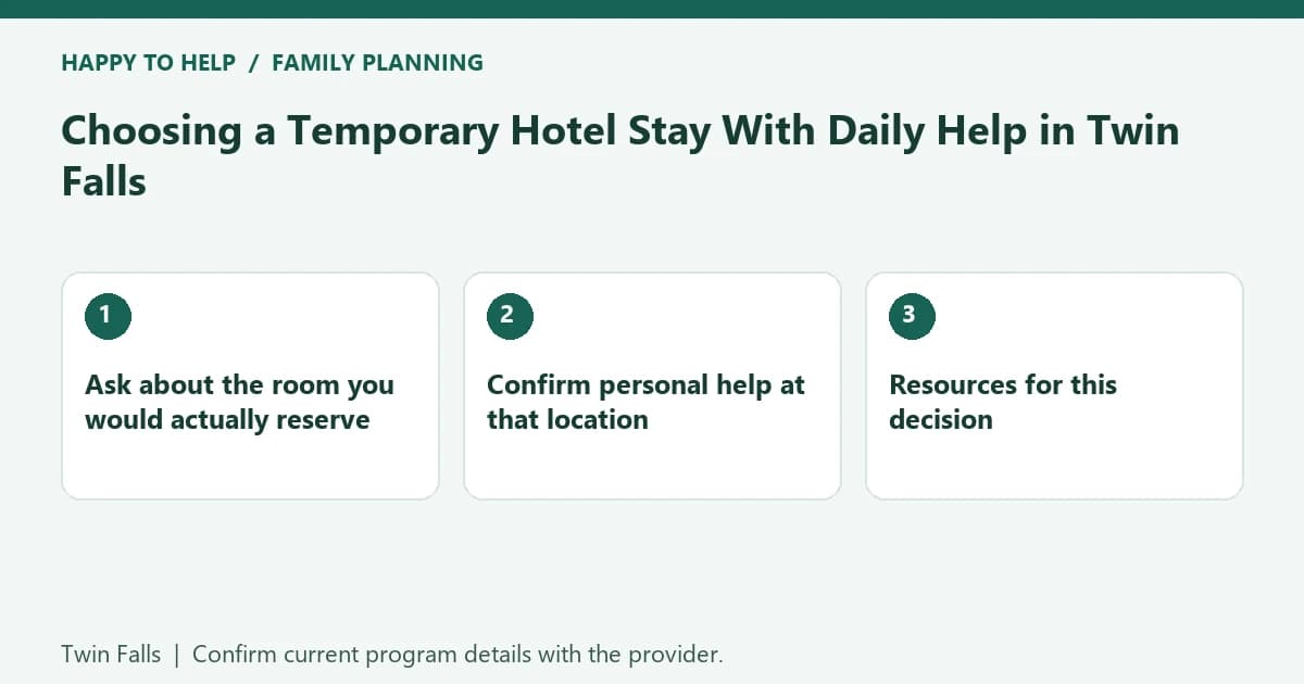 Twin Falls family planning checklist: Ask about the room you would actually reserve; Confirm personal help at that location; Resources for this decision