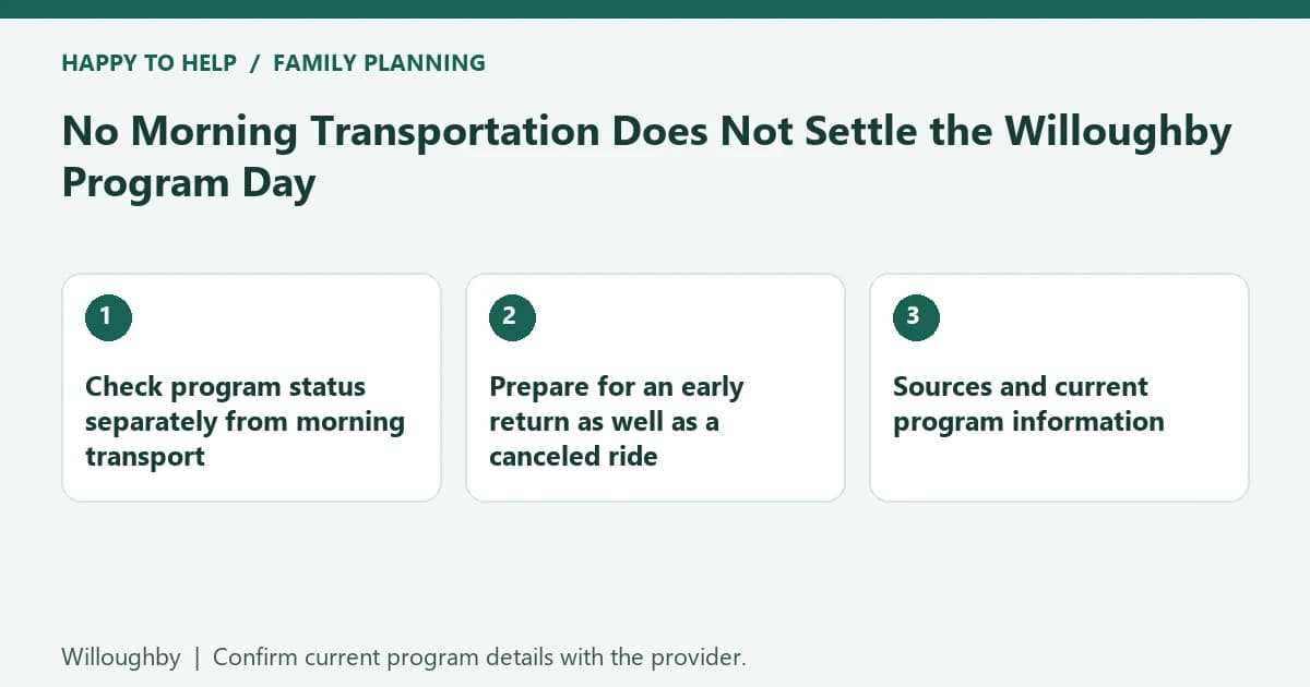 Willoughby family planning checklist: Check program status separately from morning transport; Prepare for an early return as well as a canceled ride; Sources and current program information