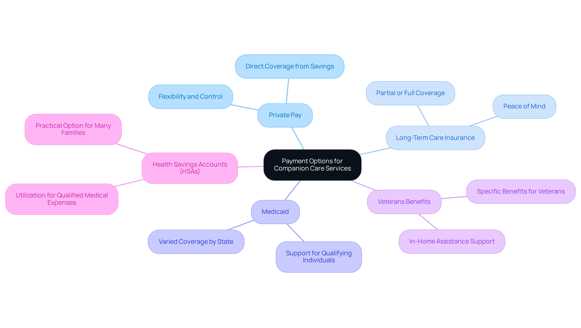 The center shows the main topic of payment options, with branches leading to different funding methods. Each branch represents a way families can pay for care, helping you understand your choices at a glance.