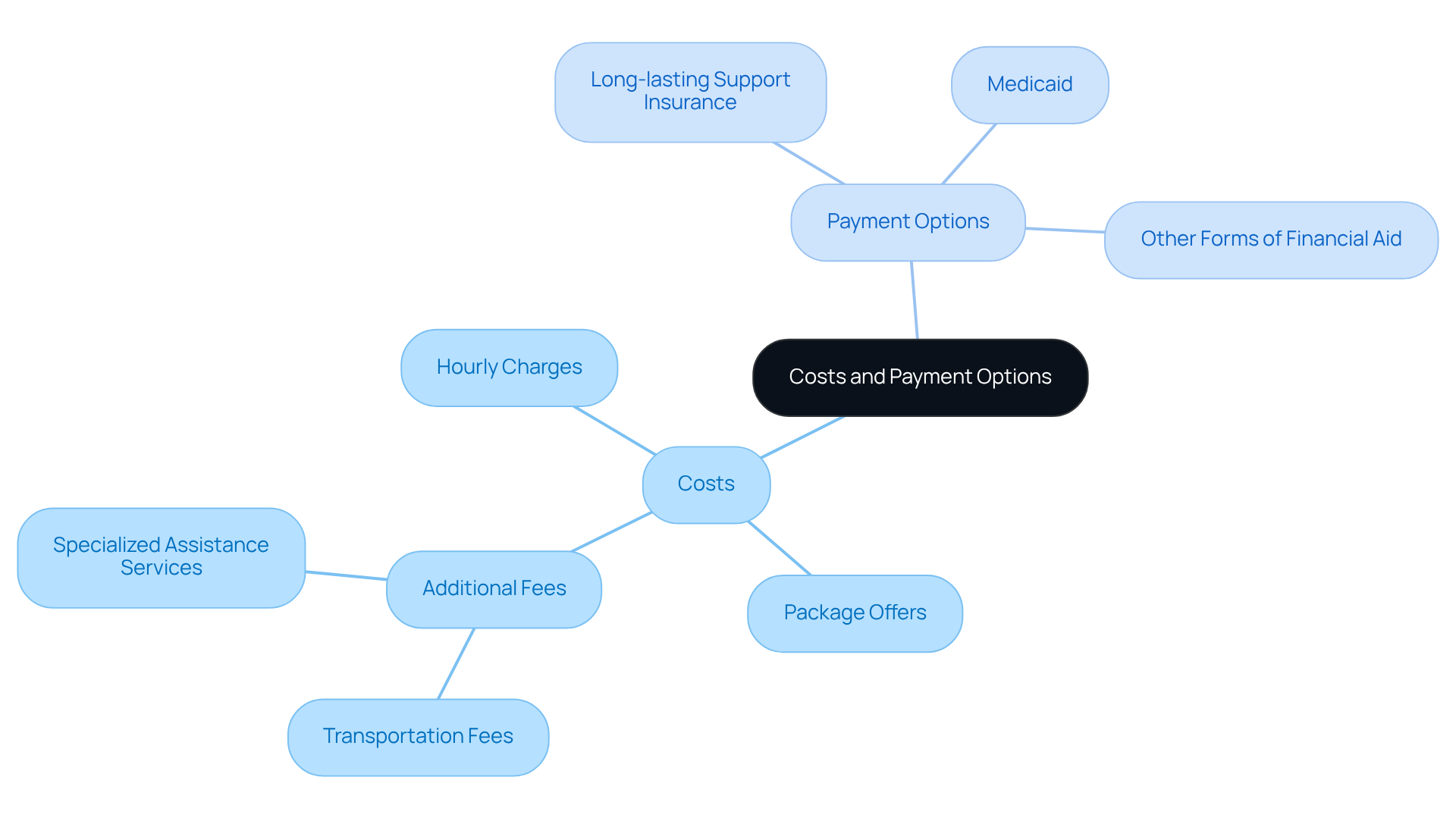 This mindmap starts at the center with overall costs and payment options, then branches out to show specific details. Each branch represents a category, and the sub-branches provide more information about each aspect.