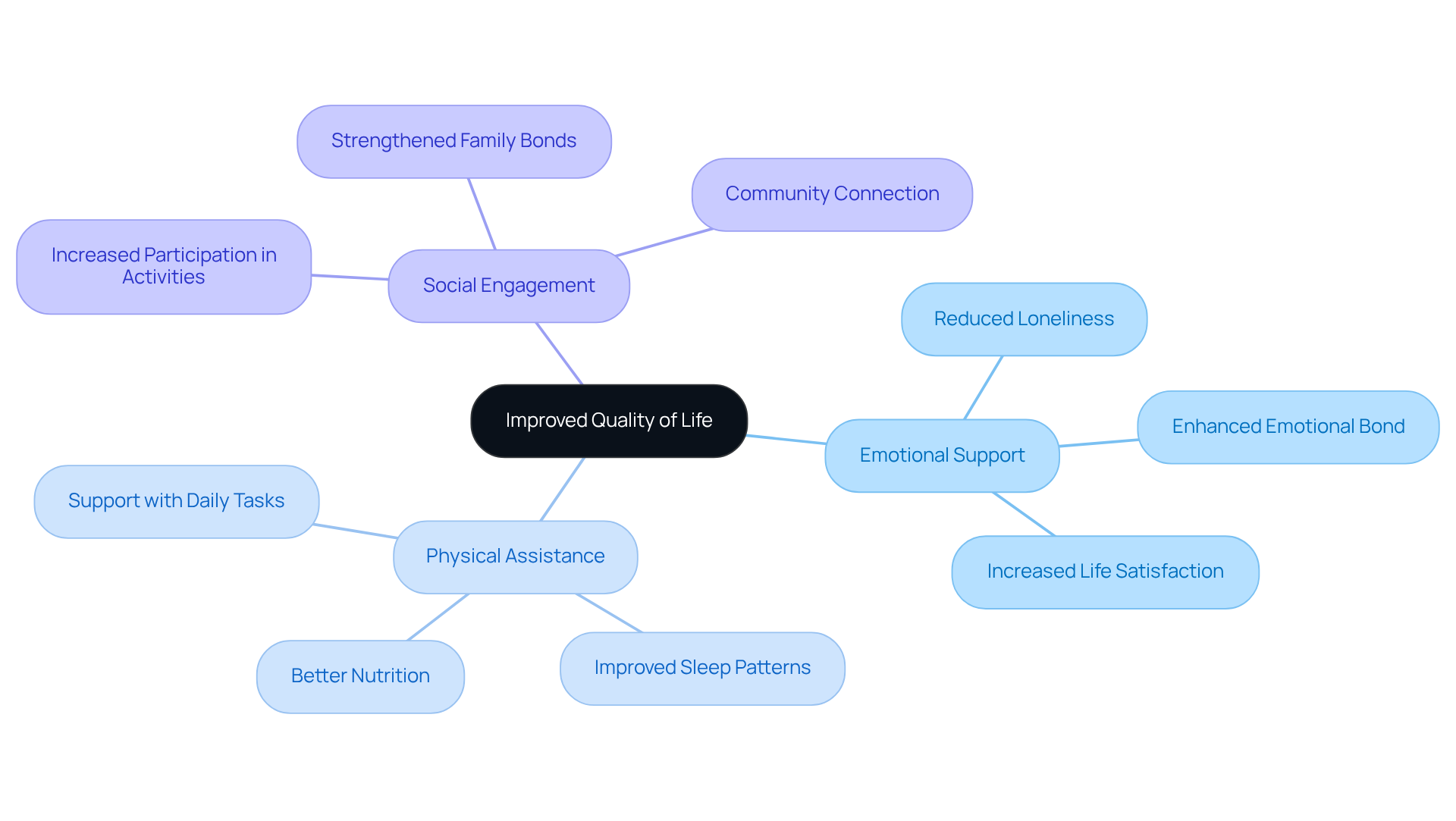 The central node represents the overall goal of enhancing quality of life, while the branches and sub-branches illustrate how companionship addresses various needs and leads to positive outcomes.