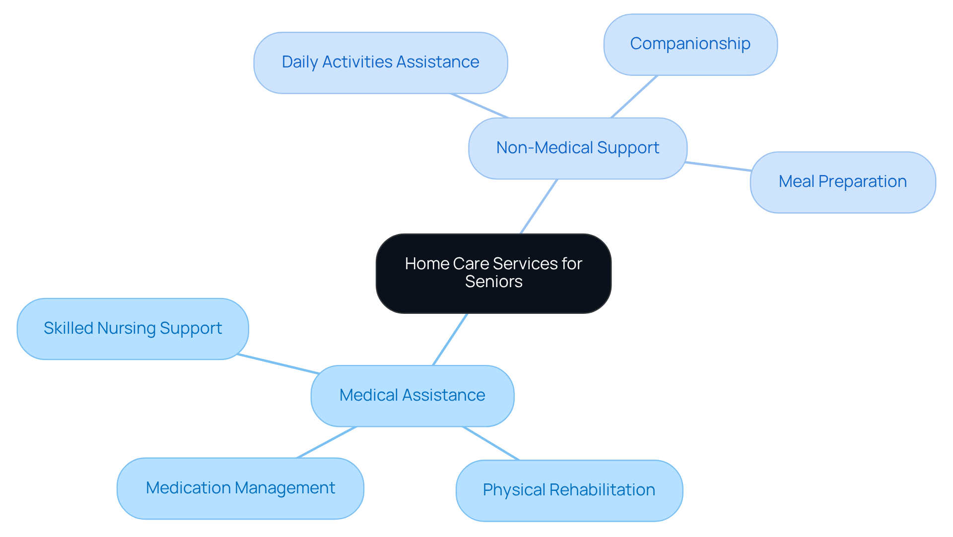 The central node represents the overall topic of home care services, while the branches show the two main categories and their specific services. This layout helps you understand what types of support are available for seniors.