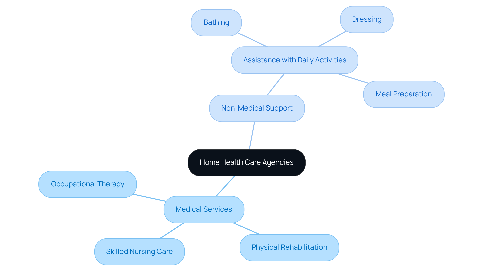 The central node represents home health care agencies, with branches showing the types of services available. Medical services are in one color, while non-medical support is in another, making it easy to differentiate between the two.