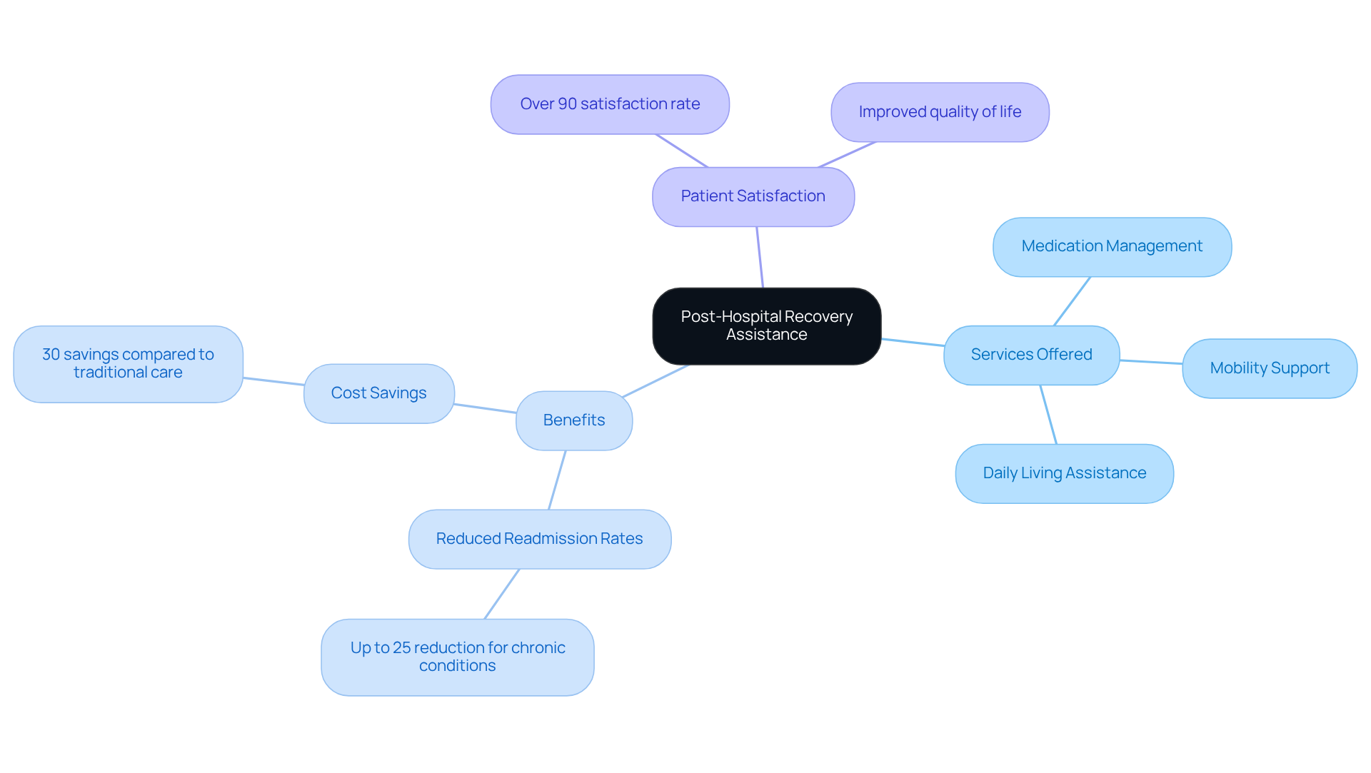 The center represents the main theme of recovery assistance, with branches showing the services provided and their benefits. Each color-coded branch helps you see how everything connects to support a safe transition home.