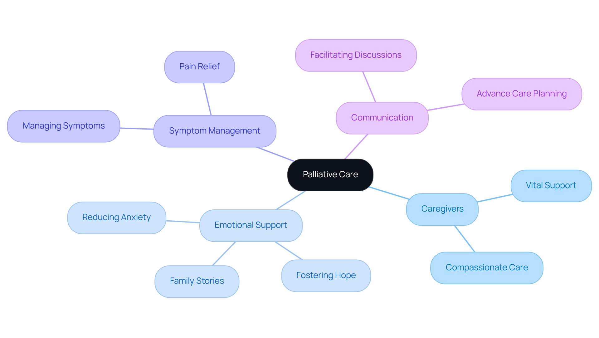 Start at the center with 'Palliative Care' and follow the branches to see how each aspect contributes to ensuring comfort and dignity for patients.