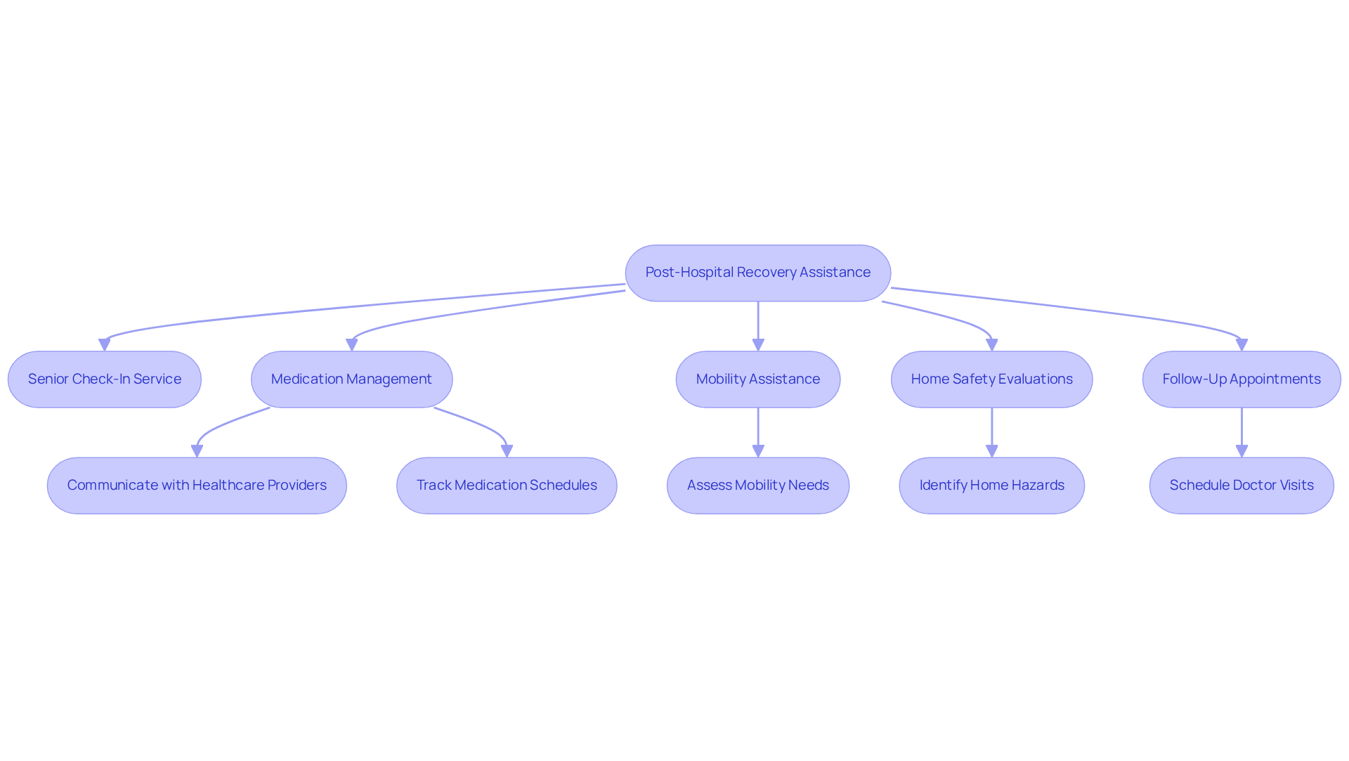 This flowchart shows the steps caregivers take to support seniors after leaving the hospital. Each box represents a service, and the arrows show how they connect and contribute to a safe and successful recovery.