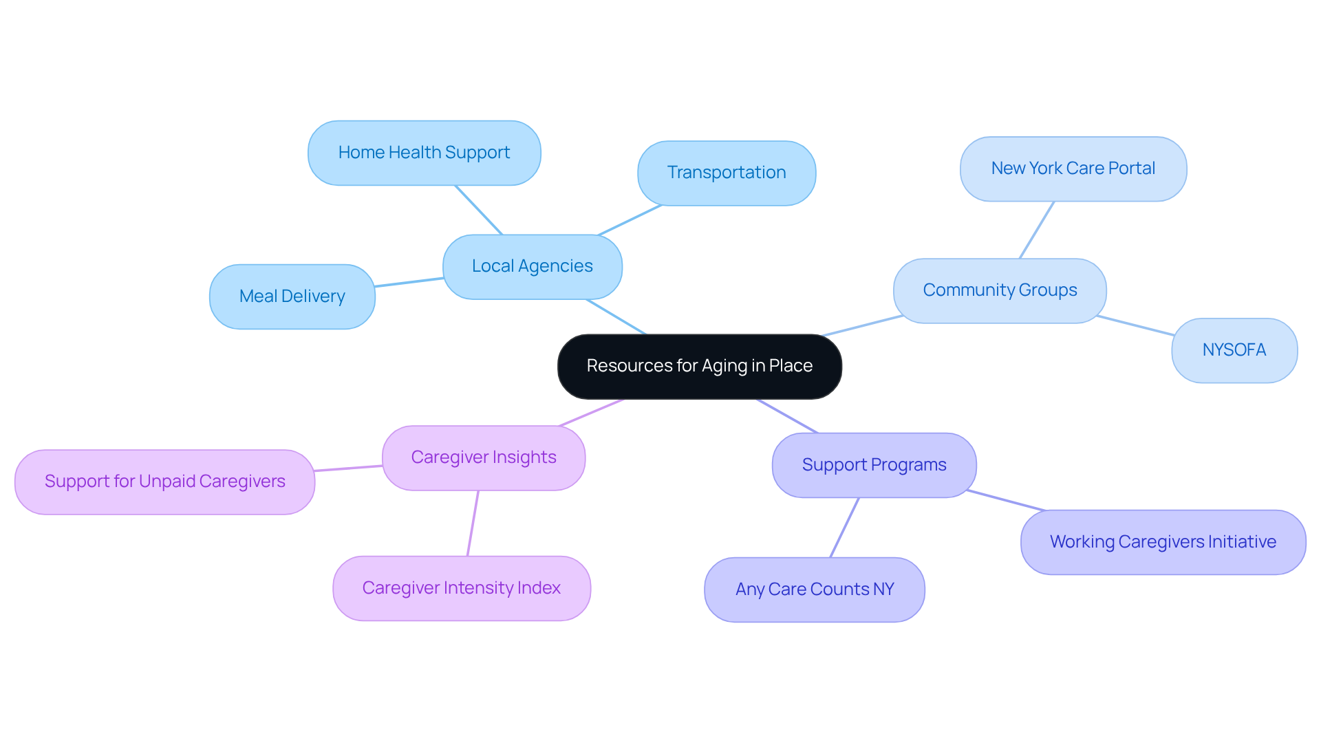 The central node represents the main theme, while branches show different types of resources available. Each sub-node provides specific details about services or initiatives, helping you understand how they connect and support caregivers and seniors.