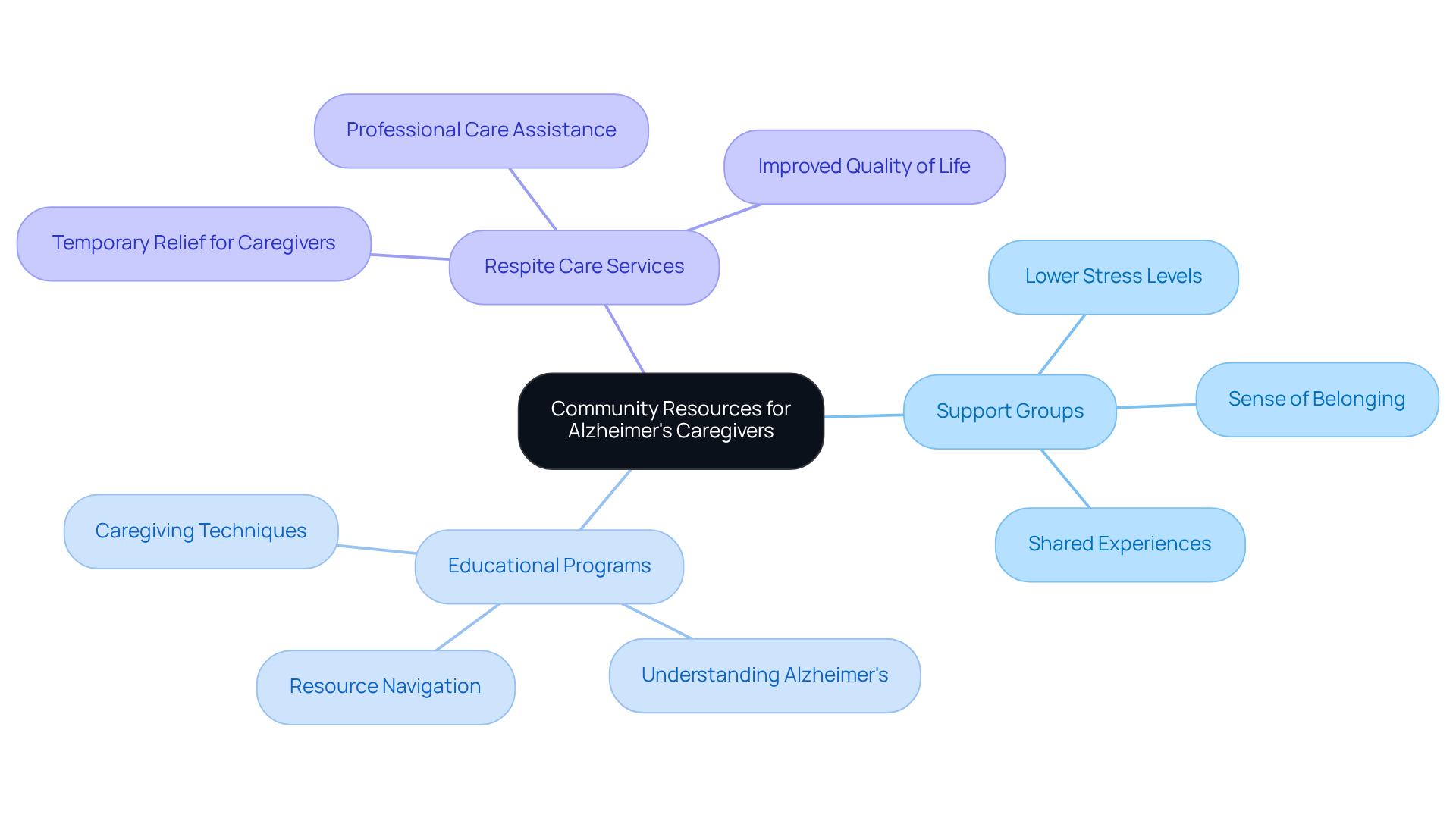 The center represents the main focus on community resources, and the branches show the different types of support available. Each branch highlights how these resources can benefit caregivers and families.