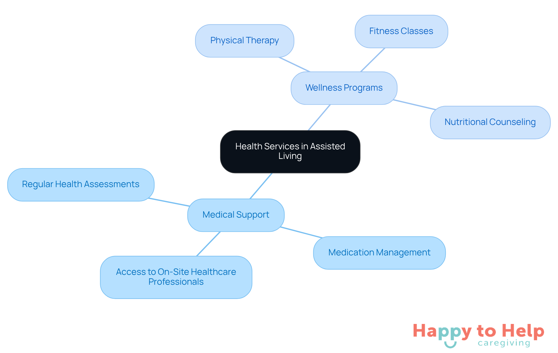 The central node represents the overall health services, while the branches show the specific medical and wellness initiatives available to seniors. Each branch highlights how these services contribute to improving the quality of life.