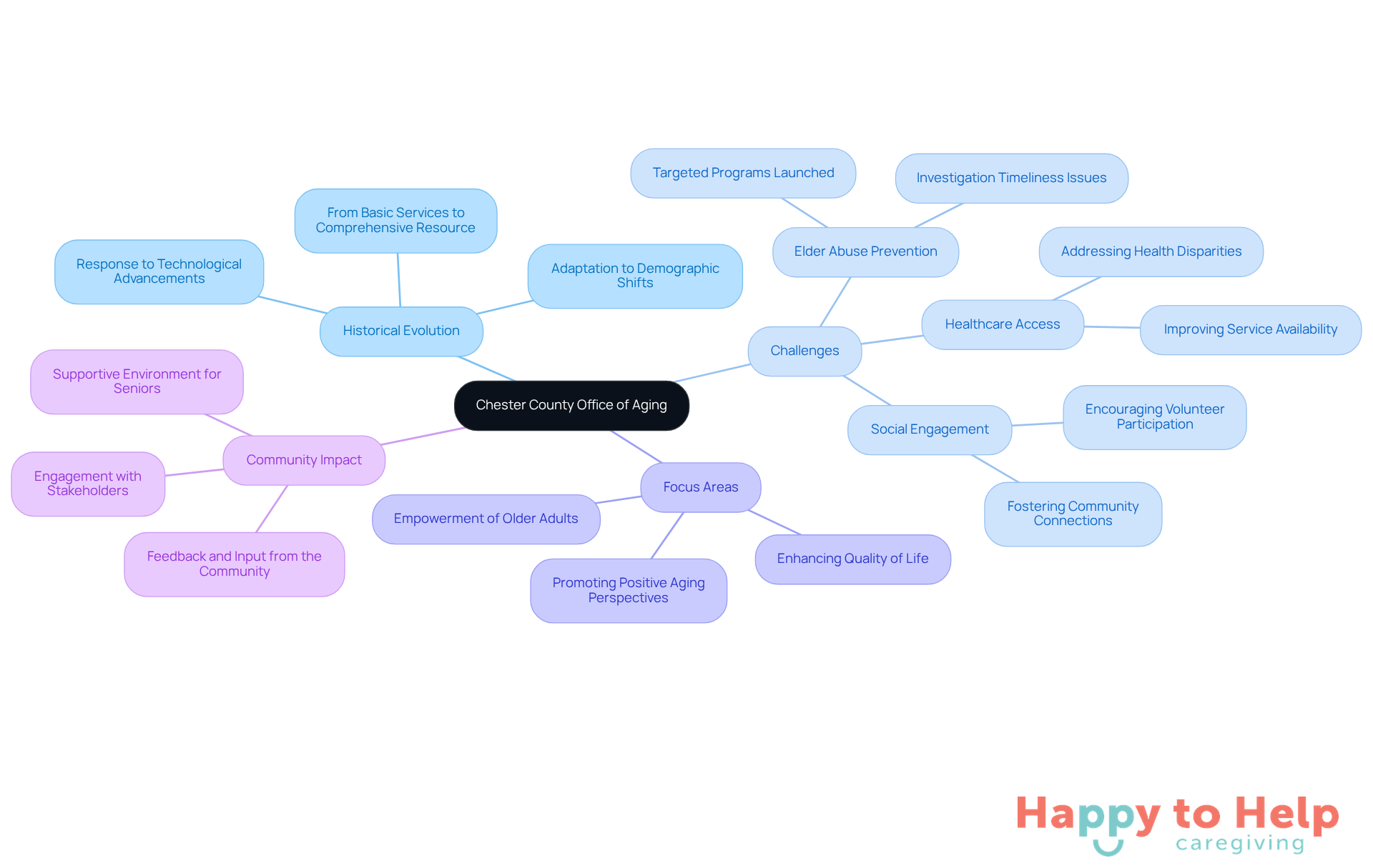 The central node represents the Office of Aging, with branches showing its evolution and key focus areas. Each branch highlights specific challenges and initiatives, illustrating how the organization adapts to meet the needs of older adults.