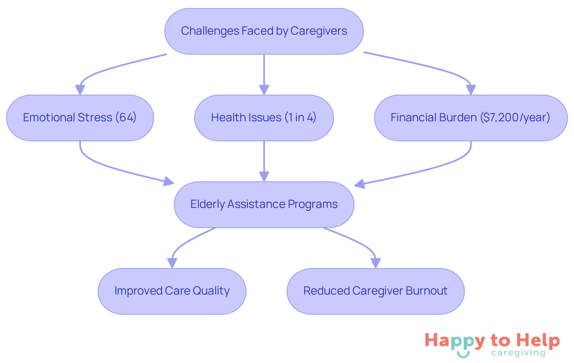 This flowchart shows the challenges caregivers face and how elderly assistance programs can help. Each box represents a specific issue or benefit, and the arrows indicate the flow from problems to solutions.