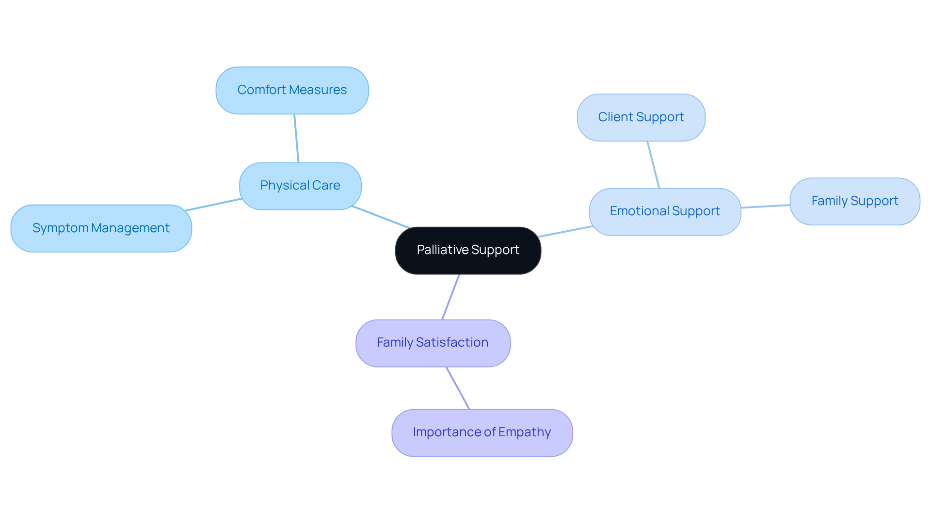The central node represents the overall concept of palliative support, while the branches show the key components that contribute to comfort and satisfaction during serious illnesses.