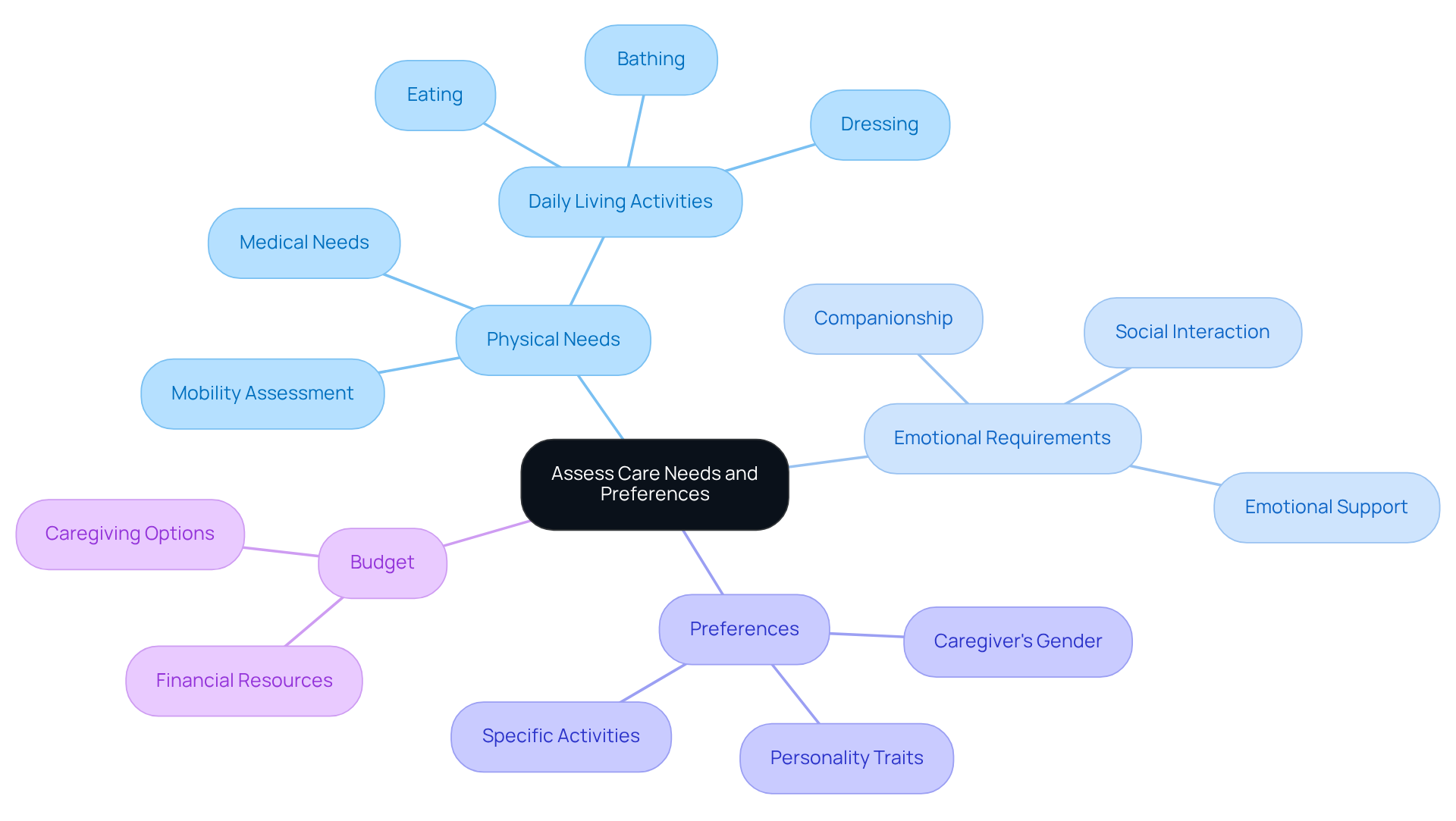 The central node represents the overall goal of assessing care needs, while the branches show the key areas to consider. Each sub-branch provides specific details to guide the assessment process.