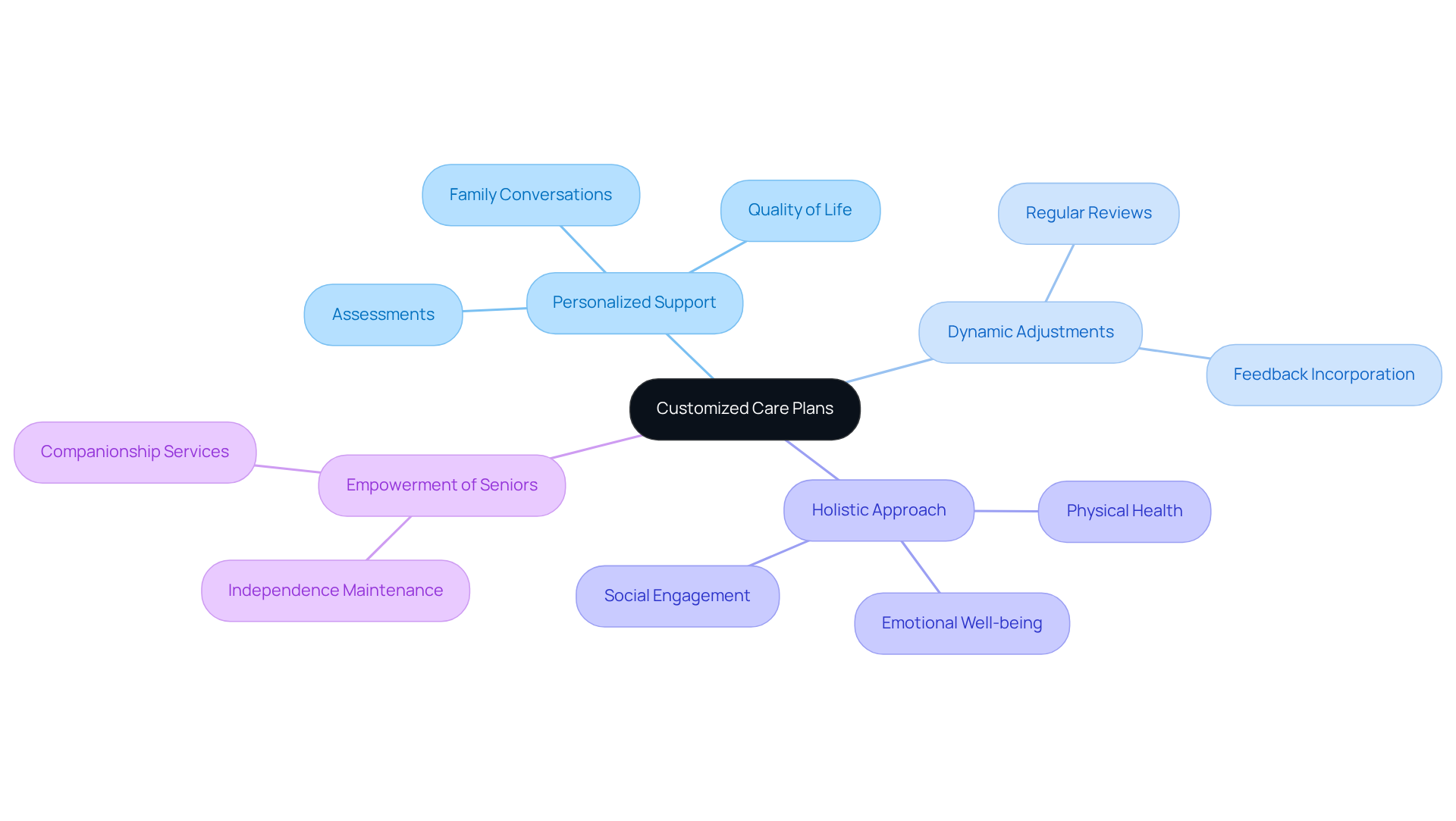 Start at the center with the main idea of customized care plans, then explore the branches to see how each aspect contributes to providing tailored support for seniors.
