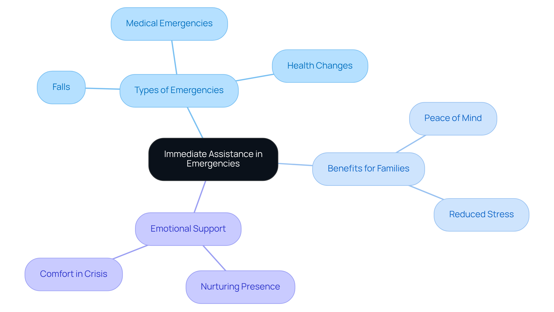 The center shows the main idea of immediate assistance, while branches represent different aspects of caregiver support. Each branch highlights how caregivers help in emergencies and the reassurance they provide to families.