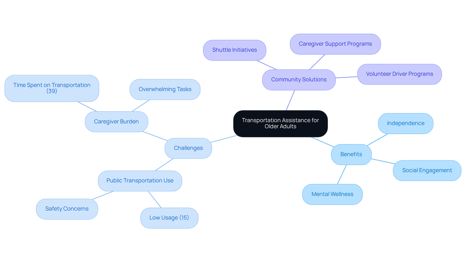 The central concept is transportation assistance. Each branch shows different aspects: benefits of transportation, challenges faced by elderly individuals, and community-based solutions. Explore how these parts connect to help older adults maintain independence and mobility.