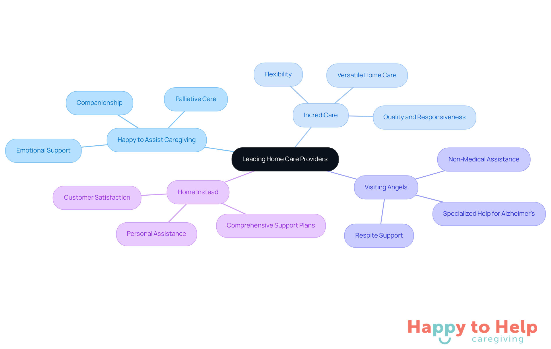 The central node represents the main topic, while each branch shows a different provider. Sub-branches highlight their specific services and strengths, helping you understand what each agency offers.