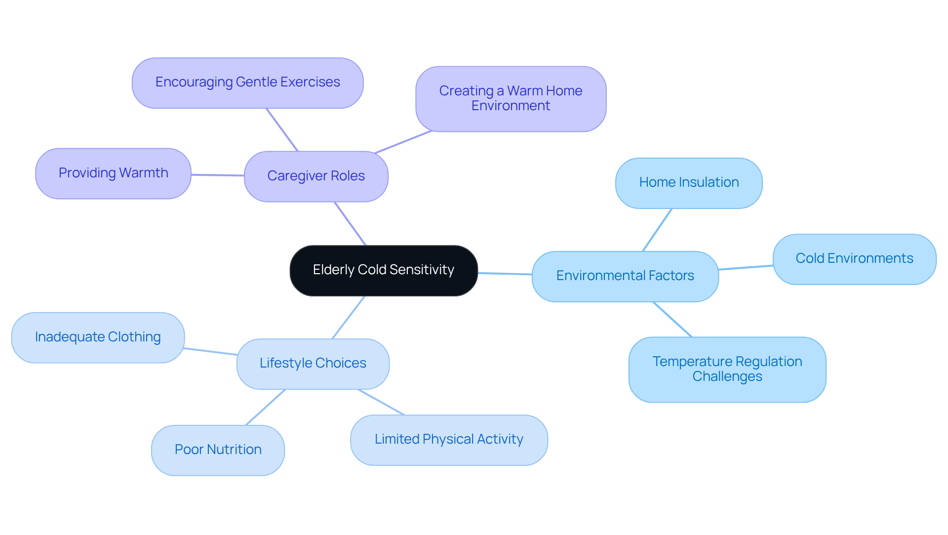The central node represents the main topic, while the branches explore various factors that influence how cold elderly people feel. Each sub-branch gives specific examples, making it easy to see how different elements contribute to their overall comfort.