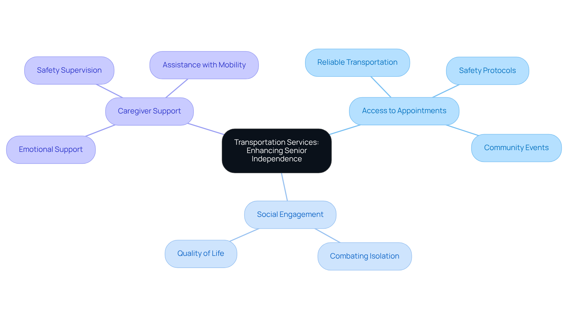 This mindmap illustrates how transportation services for seniors promote independence and well-being. Each branch represents a different aspect of the services, showing how they contribute to a better quality of life.
