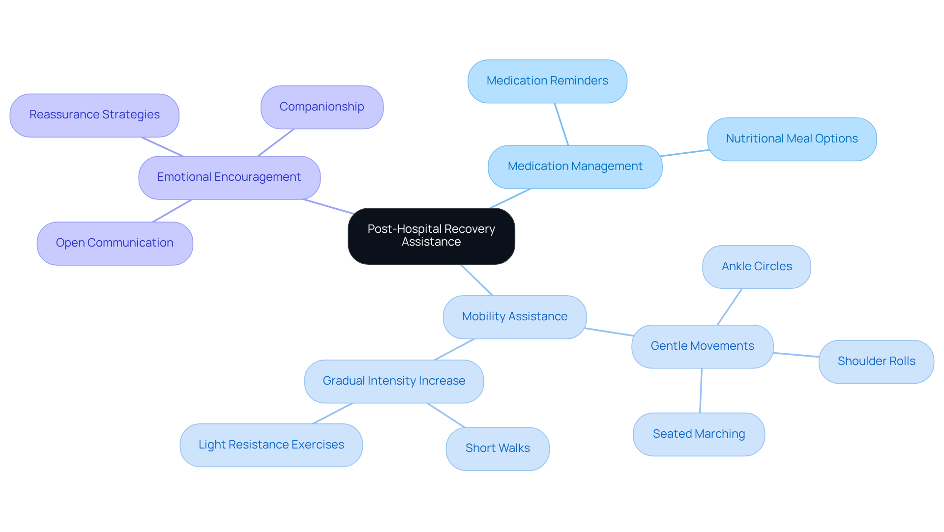 The central node represents the overall goal of recovery assistance. Each branch illustrates a key area of support, and the sub-branches detail specific strategies caregivers can use to aid seniors during their recovery journey.