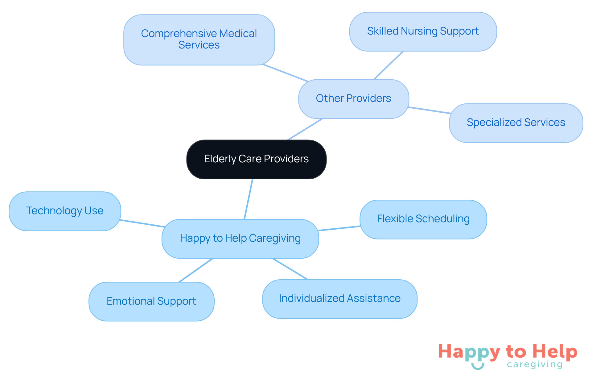 The central node represents the overall topic, while the branches show different providers and their specific strengths. Each color-coded branch helps you quickly identify the unique offerings of each provider.