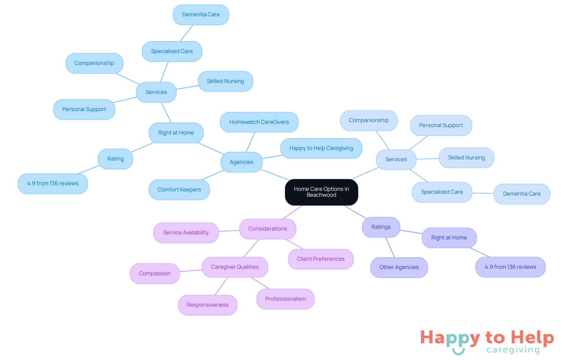 The central node represents the overall topic of home care options, while the branches show different agencies and their services. Each color-coded branch helps you quickly identify categories and their related elements.