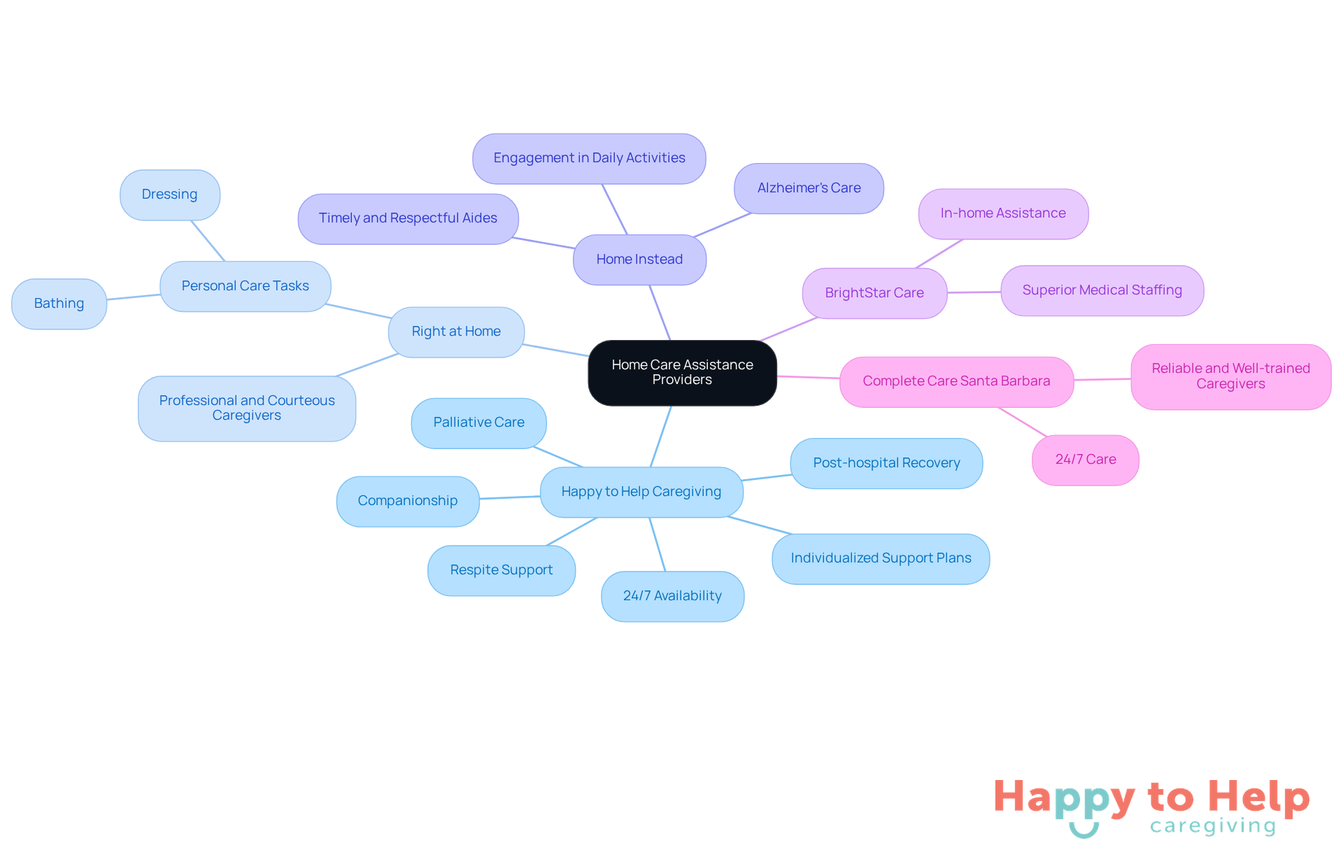 The central node represents the overall topic, while each branch shows a different agency. The sub-branches detail the specific services they offer, helping families understand their options.