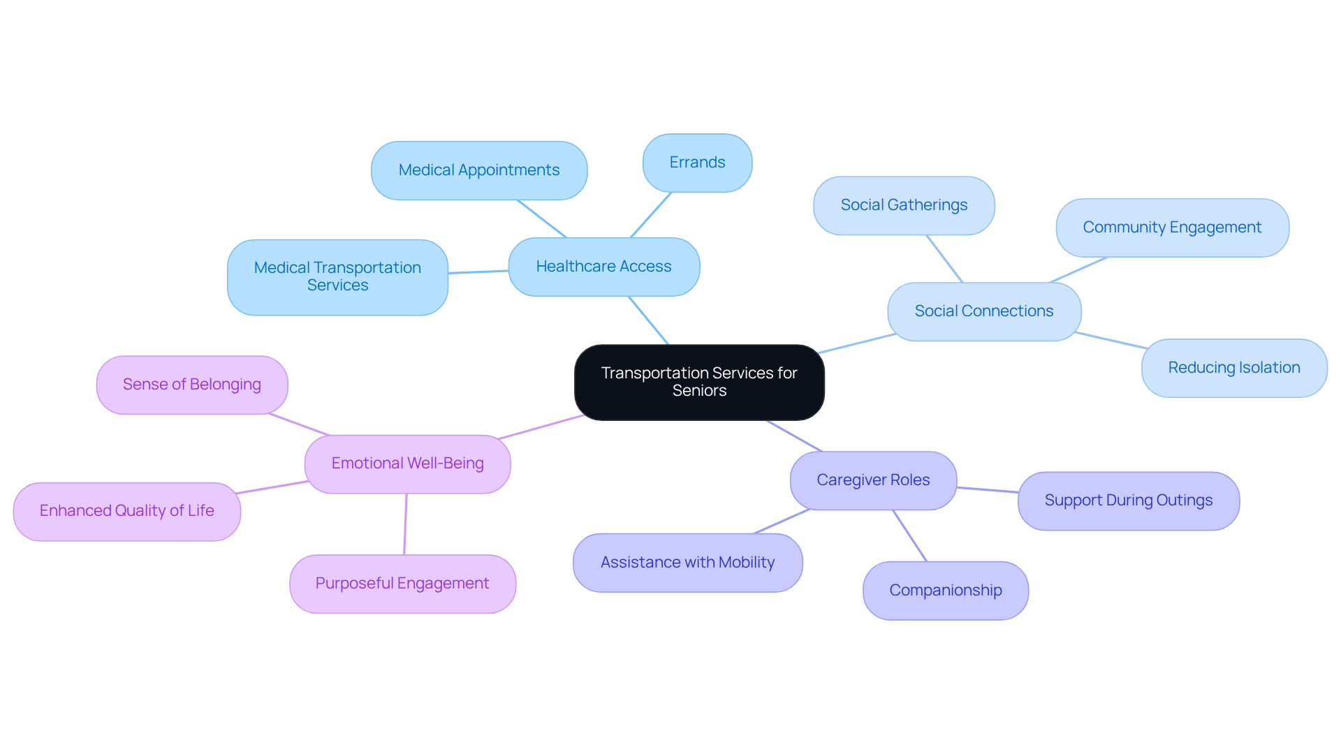 The center shows the main topic of transportation services. Branches illustrate how these services support healthcare, social interactions, caregiver involvement, and emotional health. Follow the branches to see how everything connects!