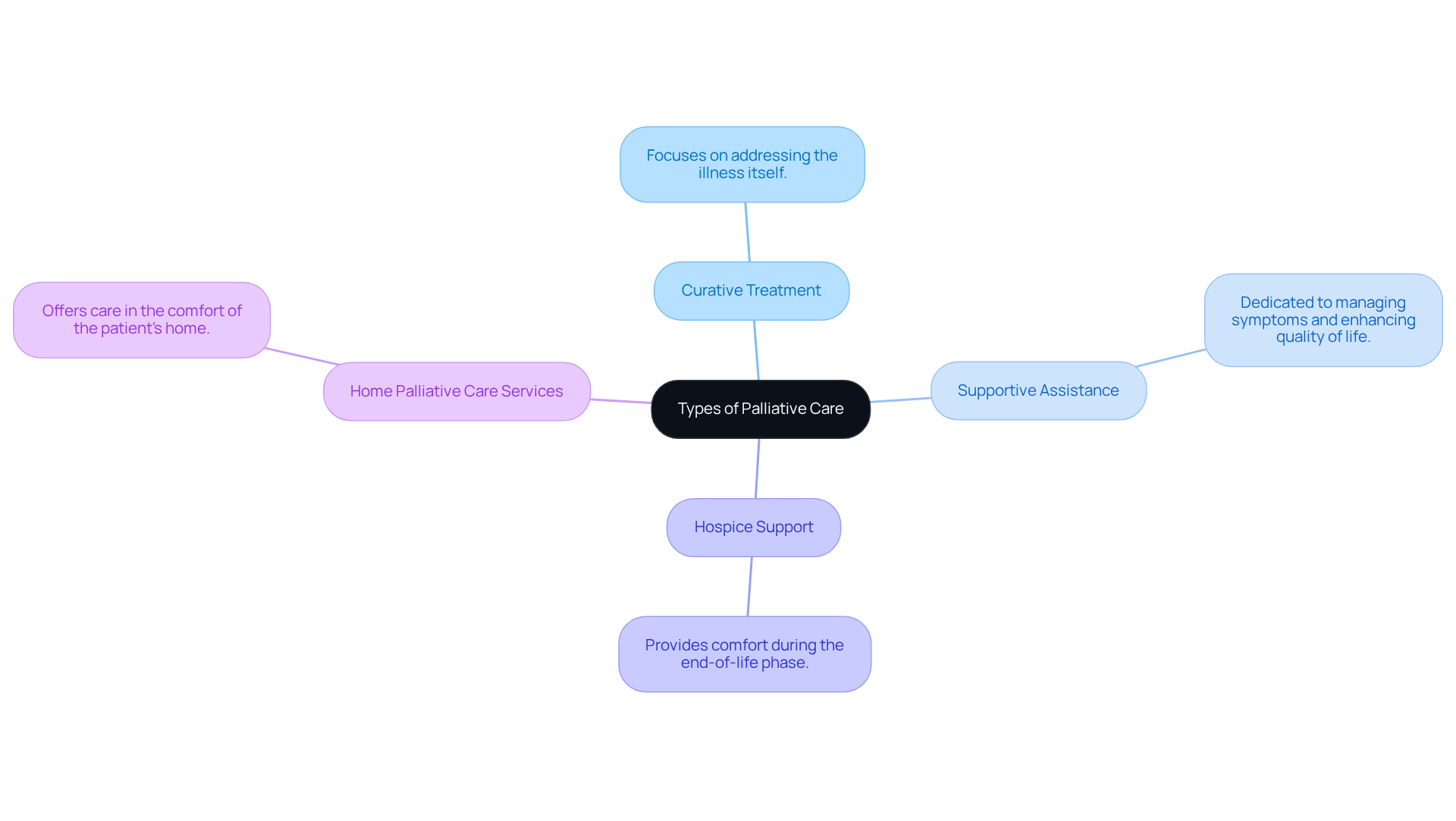 The central node represents the overall concept of palliative care, while each branch shows a specific type of care and its purpose. This helps you see the different options available and understand how they relate to each other.