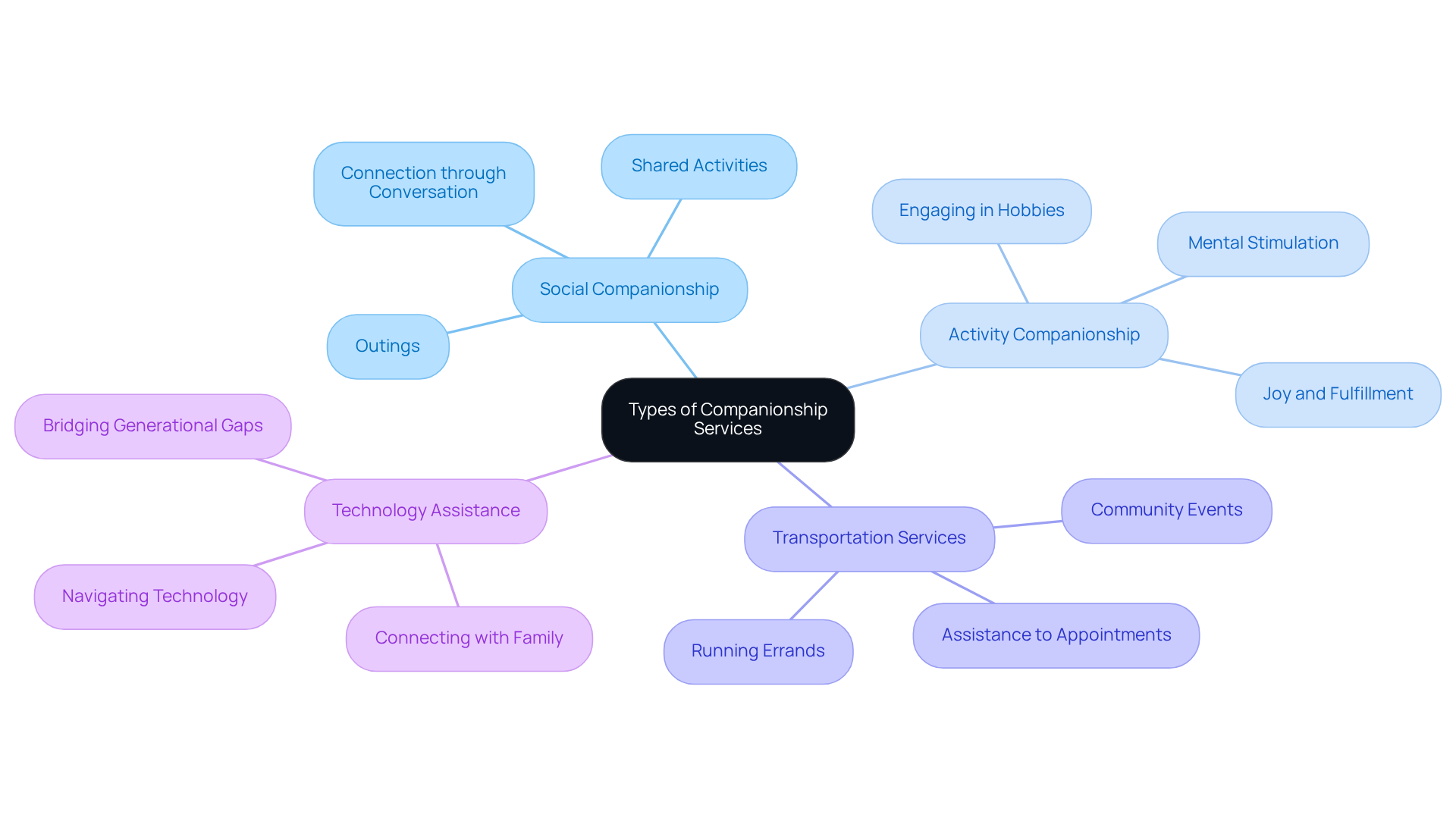 The central node represents all companionship services, while the branches detail specific types, showing how each caters to the emotional and practical needs of elderly individuals.