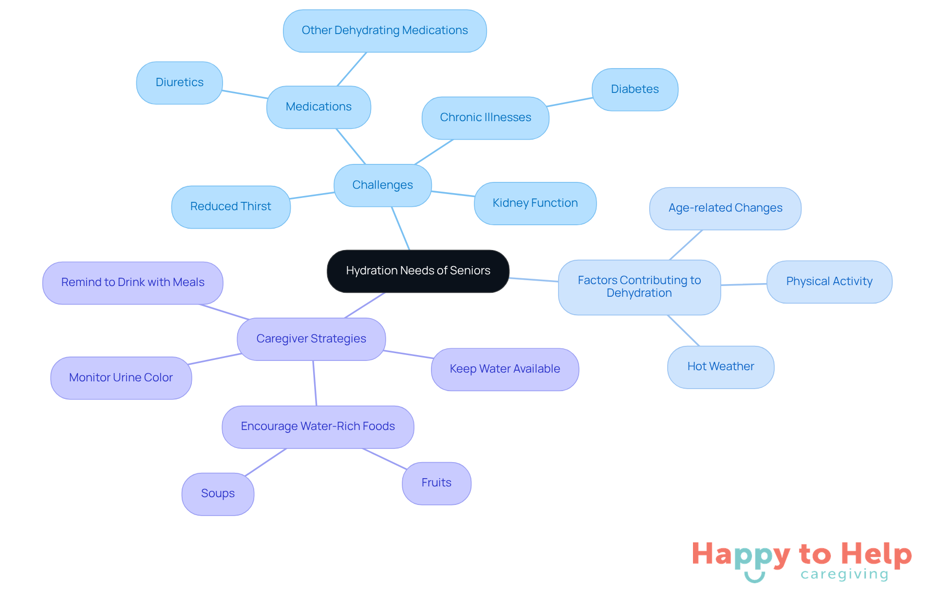 The central node represents the main topic of hydration needs, with branches showing the challenges seniors face and strategies caregivers can use to help. Each color-coded branch helps you see how everything connects.
