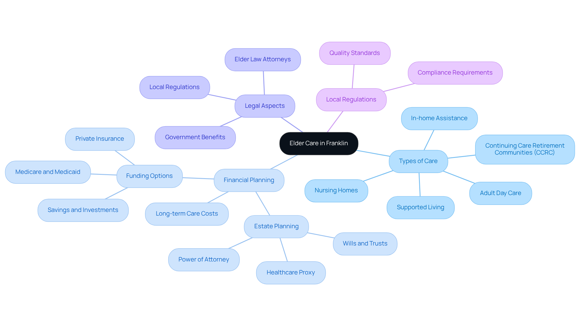 The center represents the main topic of elder care, with branches showing different areas to explore. Each branch leads to specific details, helping you see how everything connects.