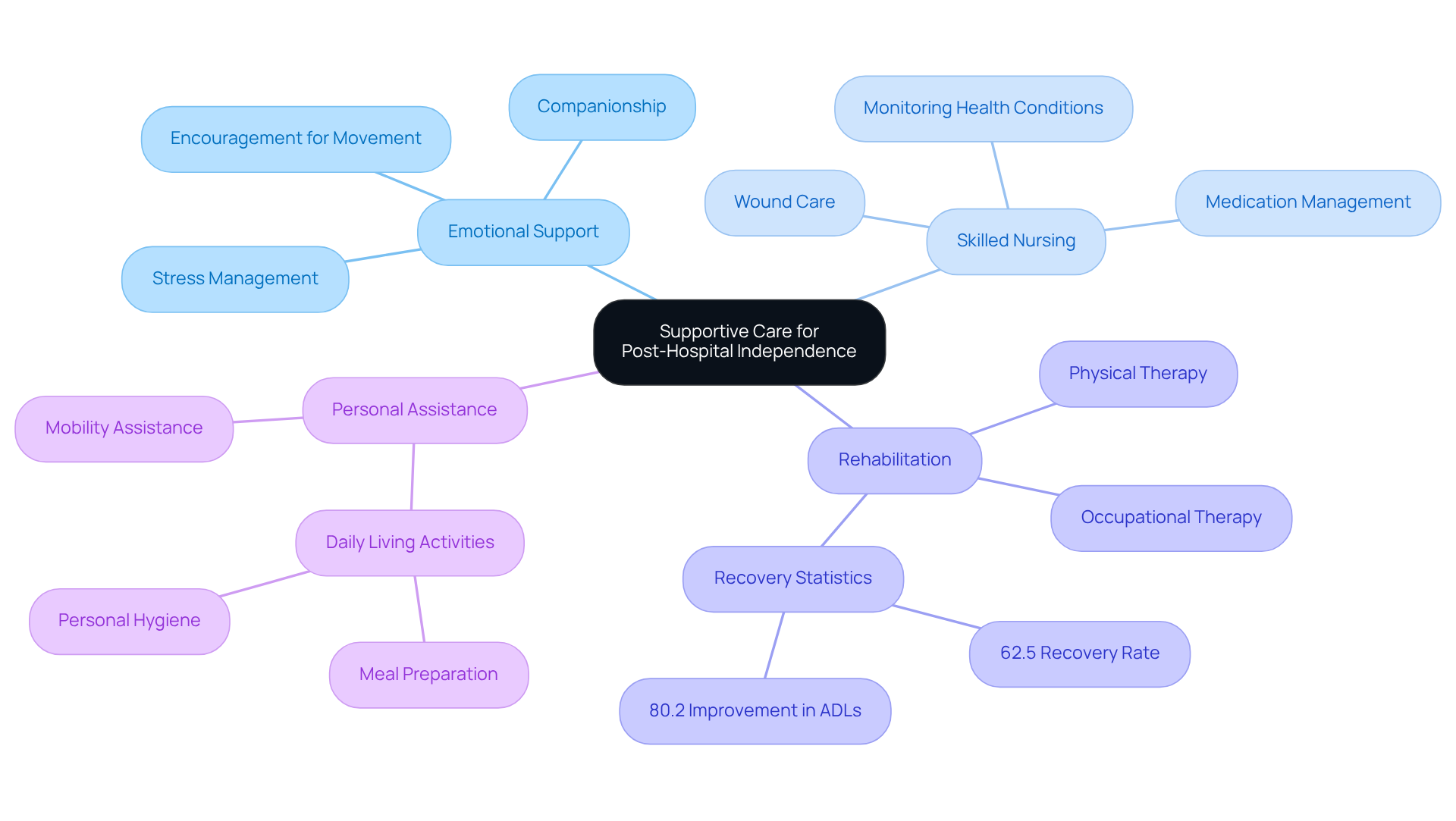 The central node represents the main theme of supportive care, while the branches show different types of assistance provided. Each sub-branch offers more details, such as statistics or specific services, helping you understand how Amedisys supports older adults in their recovery journey.
