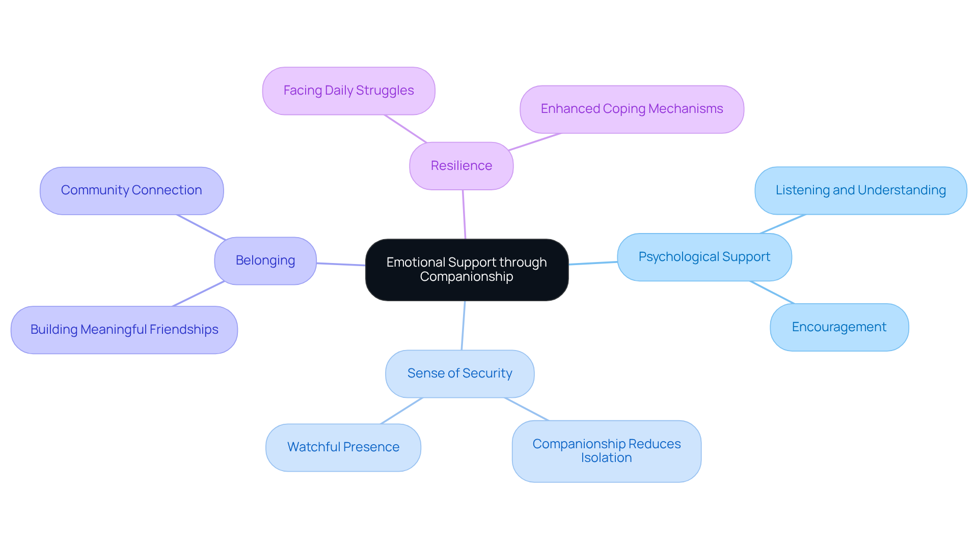The central node represents the main idea of emotional support, while the branches show different ways companionship benefits seniors. Each branch highlights a crucial element of support that helps older adults feel connected and resilient.