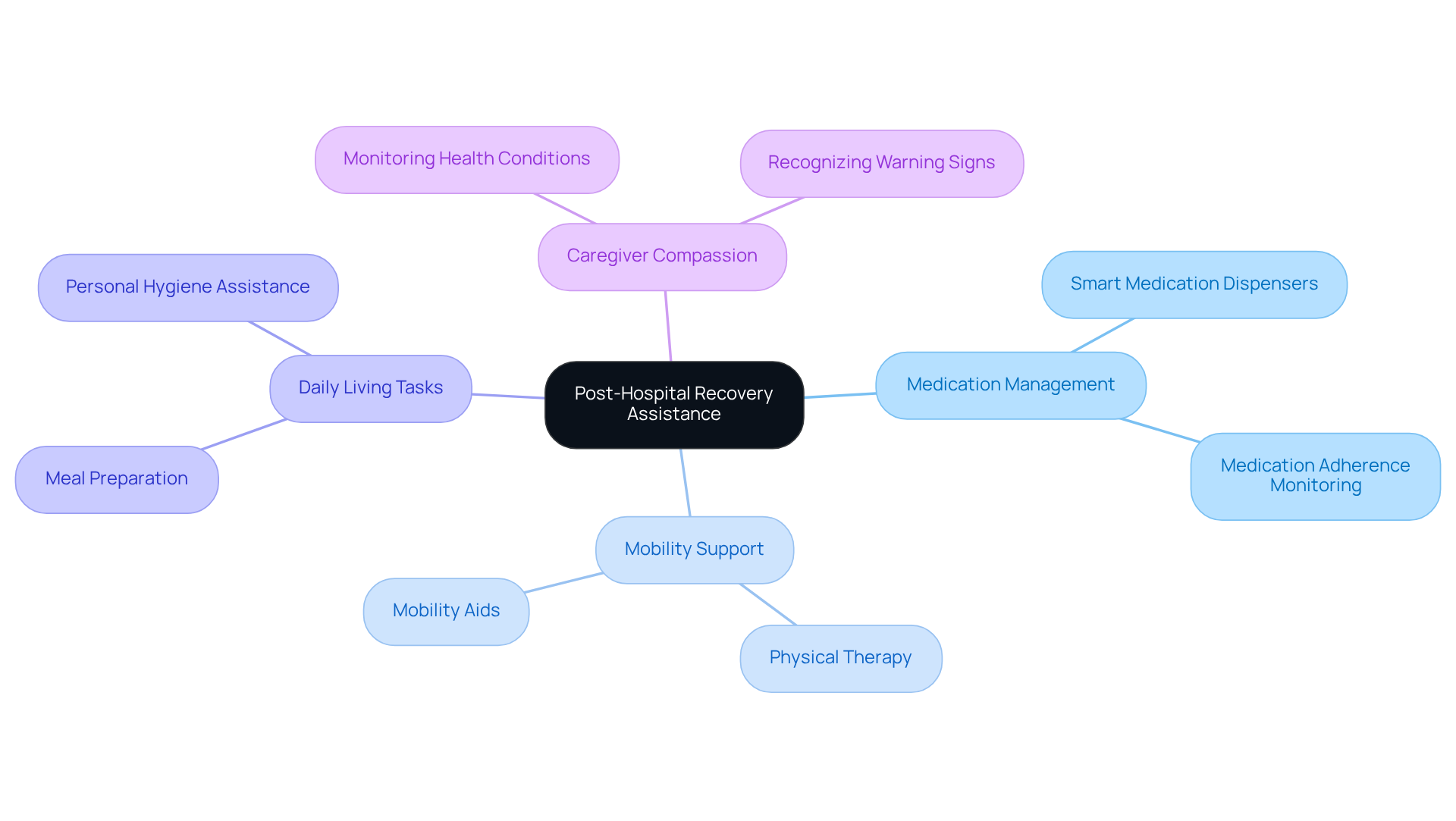 At the center is the main theme of recovery assistance, with branches representing the different areas of support. Each sub-branch shows specific strategies or tools related to that area, helping you see the holistic approach to senior care.