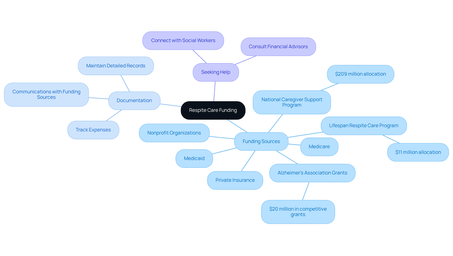 The center represents the main topic of respite care funding. Each branch shows different funding sources and strategies, helping families understand their options and how to approach the funding process.
