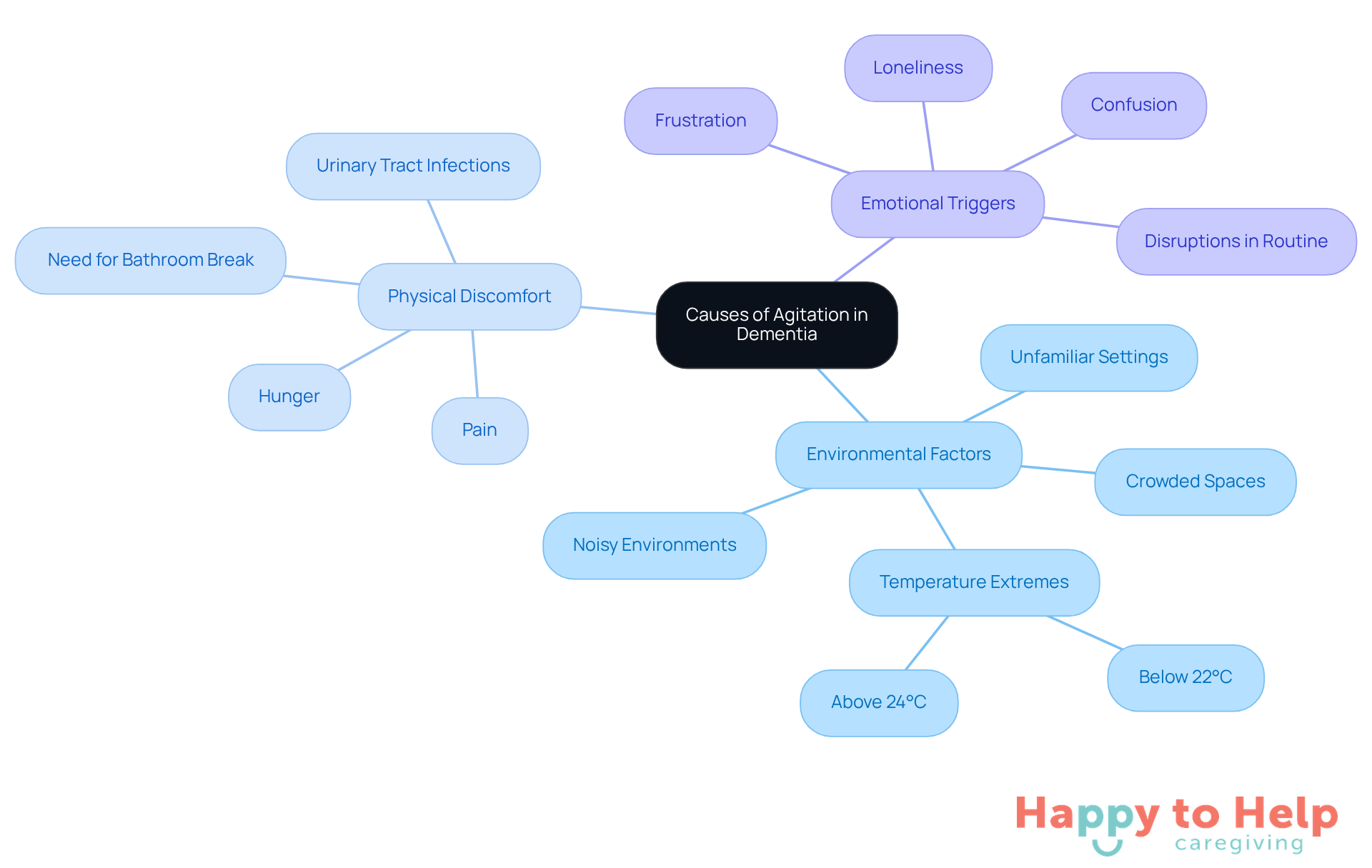 The central node represents the overall theme of agitation causes, while the branches show the main categories. Each sub-branch provides specific examples or details related to that category, helping caregivers understand the complexity of agitation triggers.