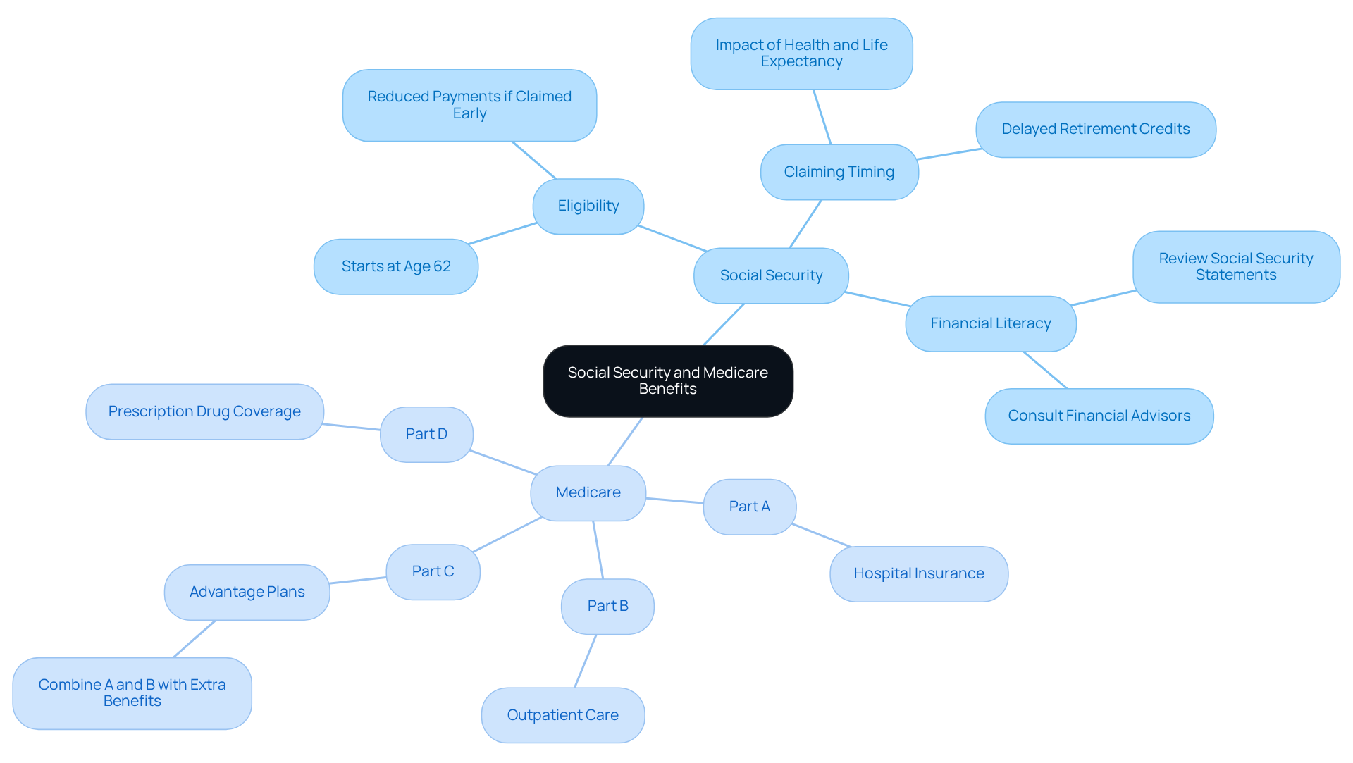 The central node represents the overall topic, while the branches show key areas of focus. Each sub-branch provides specific details, helping seniors understand their benefits and improve their financial literacy.