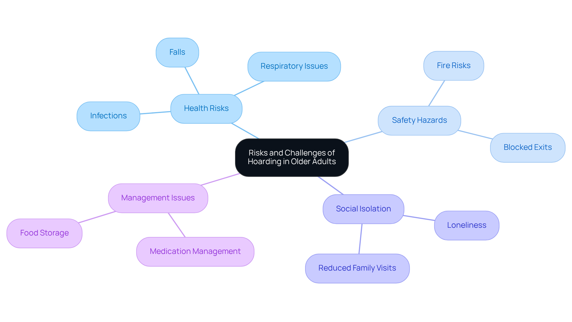 The central theme is hoarding in older adults, with branches representing different types of risks and challenges. Each sub-branch dives deeper into specific issues, giving a comprehensive view of how hoarding affects health, safety, social life, and daily management.