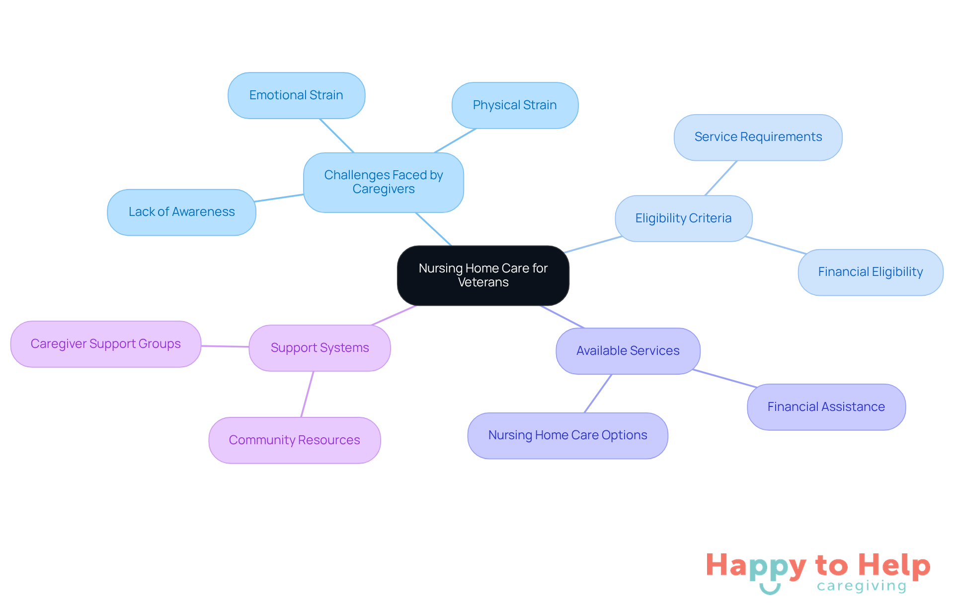 The central node represents the main topic, while the branches show related themes and details. Each color-coded branch helps you quickly identify different aspects of nursing home care for veterans.