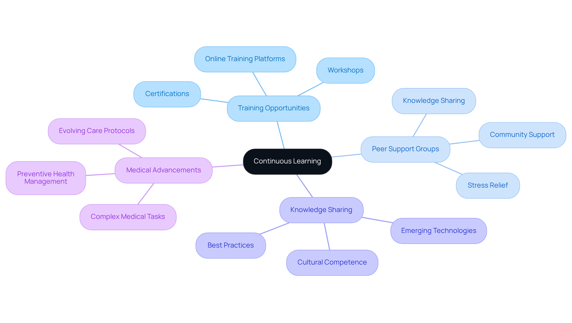The central idea is continuous learning, with branches showing different aspects that contribute to it. Each branch represents a key area of focus, helping you see how they all connect to improve care practices.