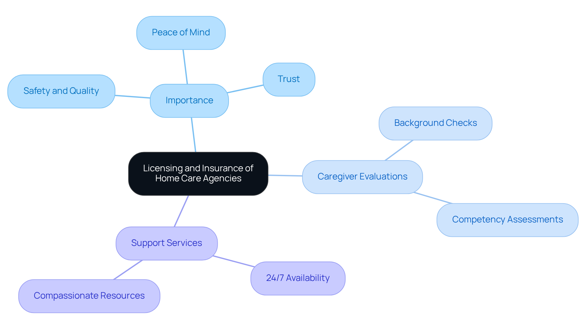 The central node represents the key focus on licensing and insurance. Each branch and sub-branch shows related ideas and aspects, helping you understand the essential components for ensuring quality home care.