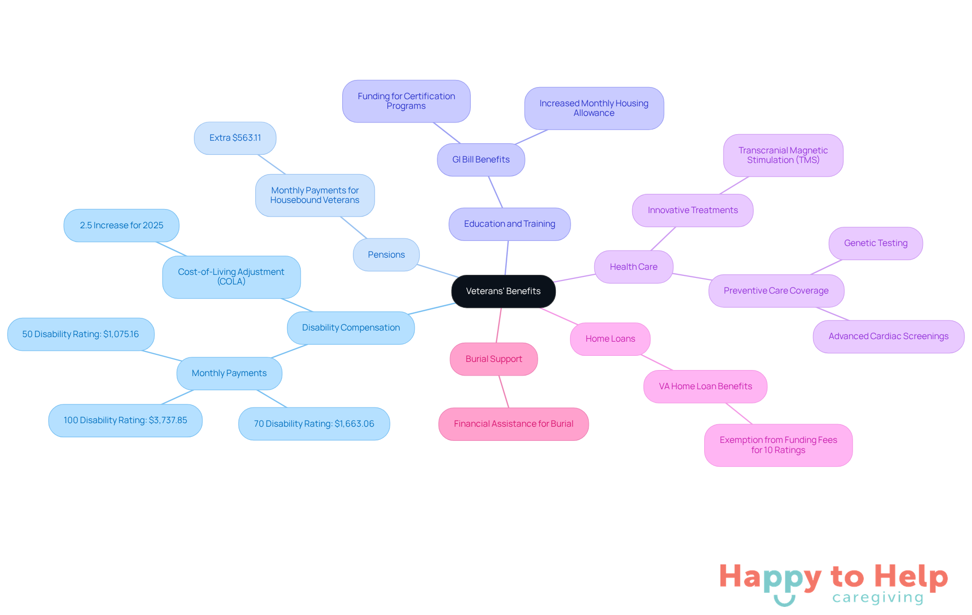 The central node represents the overall topic of veterans' benefits, while each branch shows a specific type of assistance available to veterans. This layout helps families understand what support is available for their loved ones.