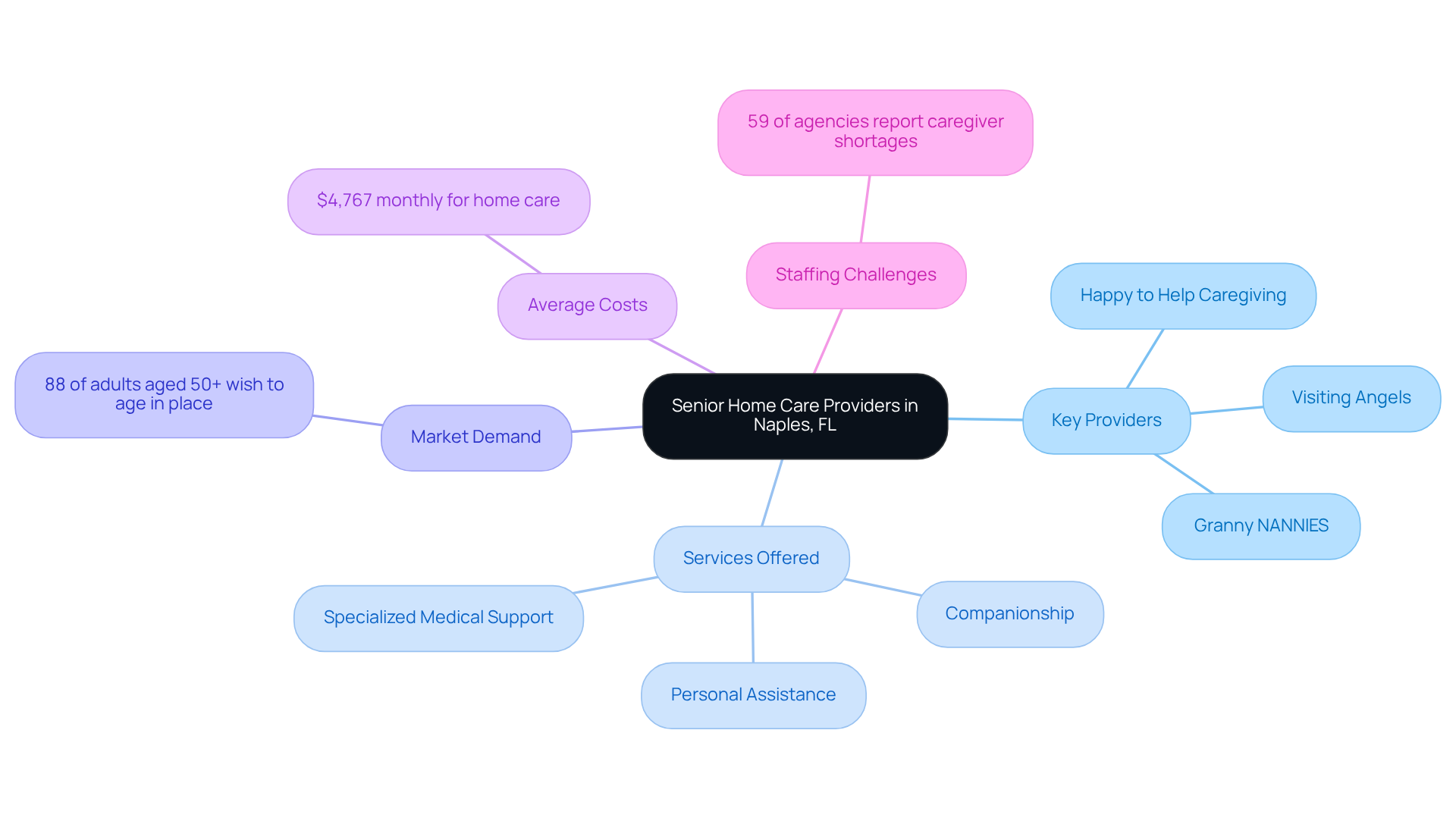 The central node represents the main topic, while branches show key themes and statistics related to senior home care. Each branch connects to specific details, helping you understand the landscape of care options available.