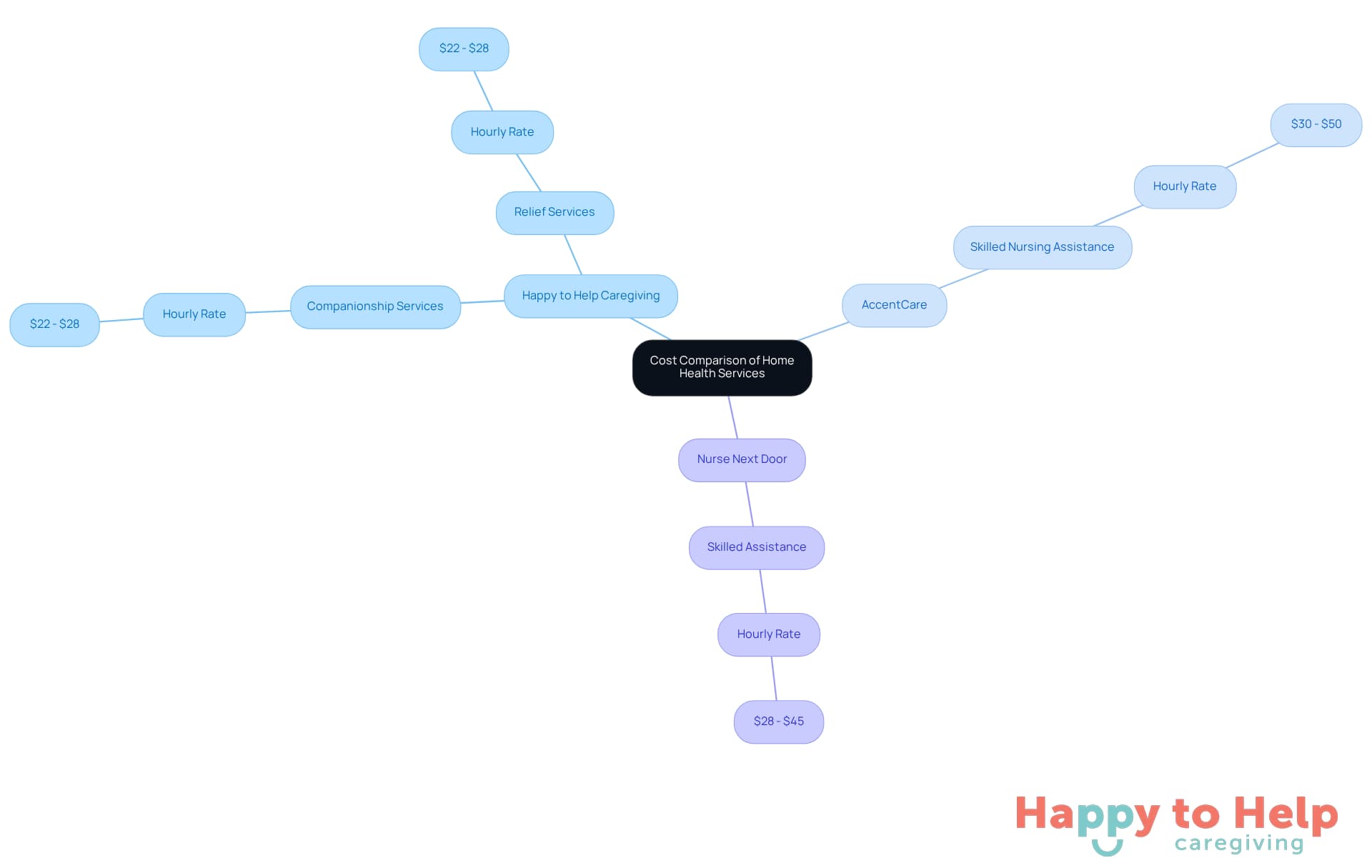 The central node represents the overall topic, while each branch shows a different service provider. The sub-branches detail the types of services and their costs, helping families understand their options.